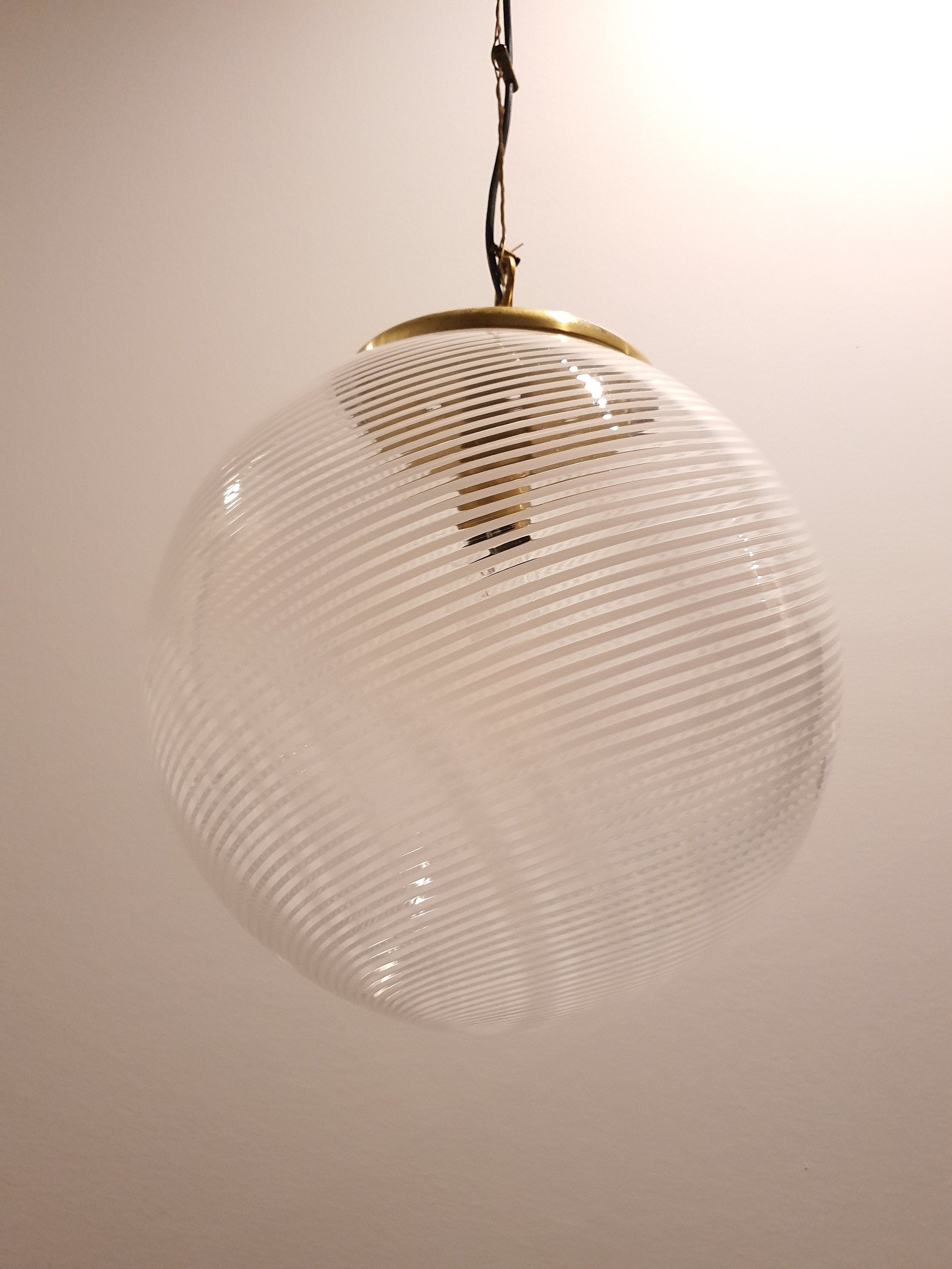 Vintage Murano Glass Globe Pendant Light: Italian Filigree Swirl Chandelier