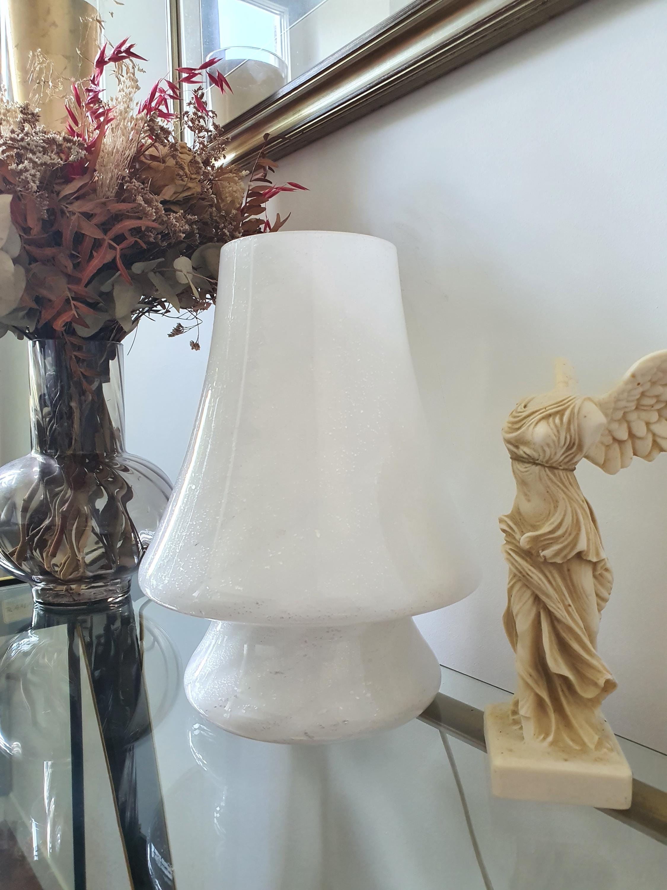 Murano Glass Mushroom Table Lamp: White Silver Swirl, MCM Nordic Bedside Light