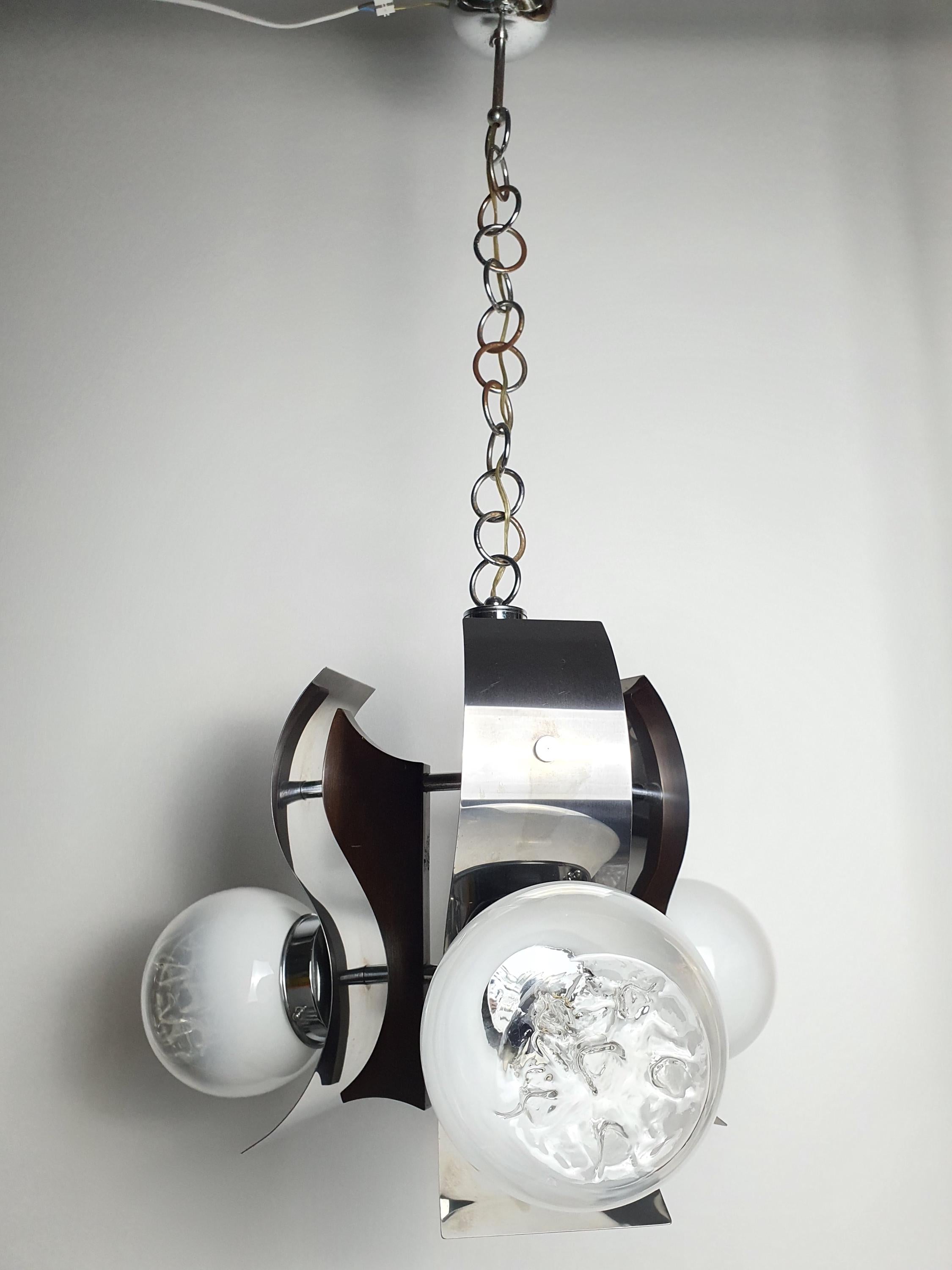 Mazzega-style Murano glass chandelier front view, three white-to-clear globes with drop relief, chrome metal structure