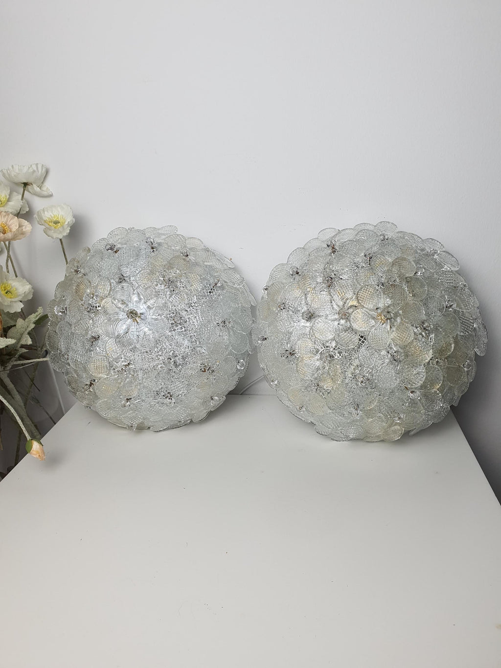 Set of 2 Murano glass millefiori and gold powder ceiling lights — clear floral bowl, front view