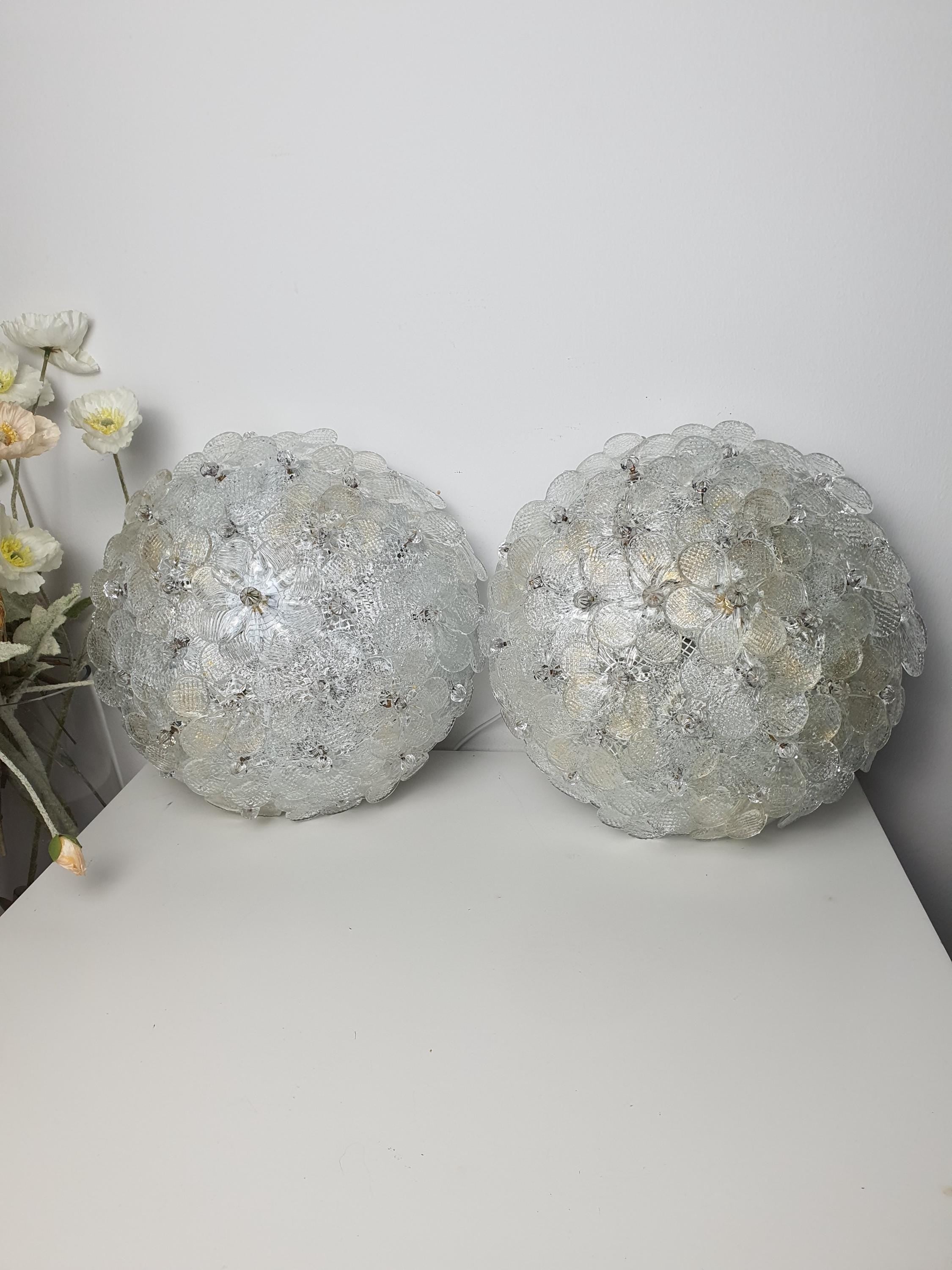 Set of 2 Murano glass millefiori and gold powder ceiling lights — clear floral bowl, front view