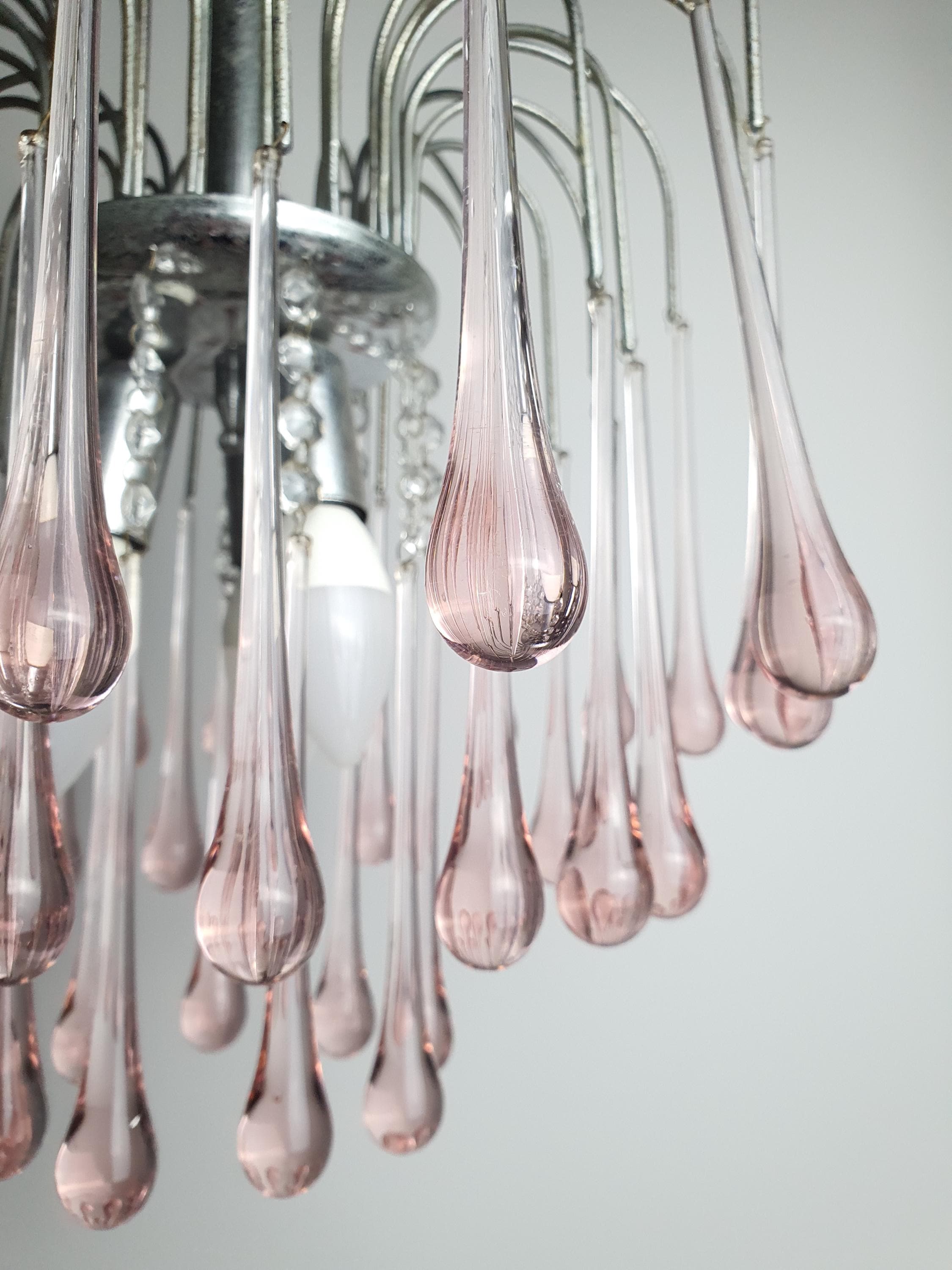 Vintage Murano Glass Pink Teardrops Chandelier | Chrome Base Hollywood Regency Lighting