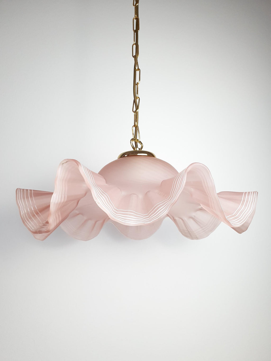 Vintage Murano Glass Pink Fazzoletto Pendant Light | Satin Blush & White Lines | Organic Italian 1970s–80s