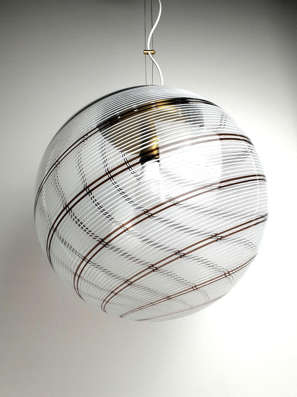 Vintage Murano Glass Globe Pendant – White and Brown Filigree Swirls, Brass Fittings, Venini Style, Scandinavian MCM