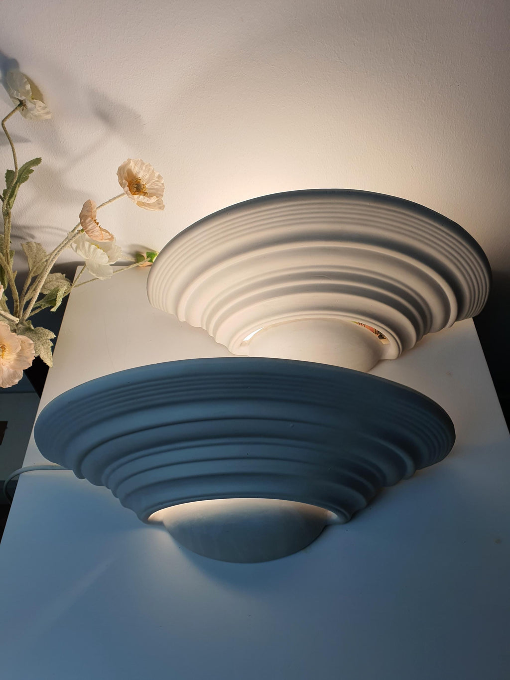 Vintage French Plaster Shell Sconces: Art Deco Minimalist Wall Lights