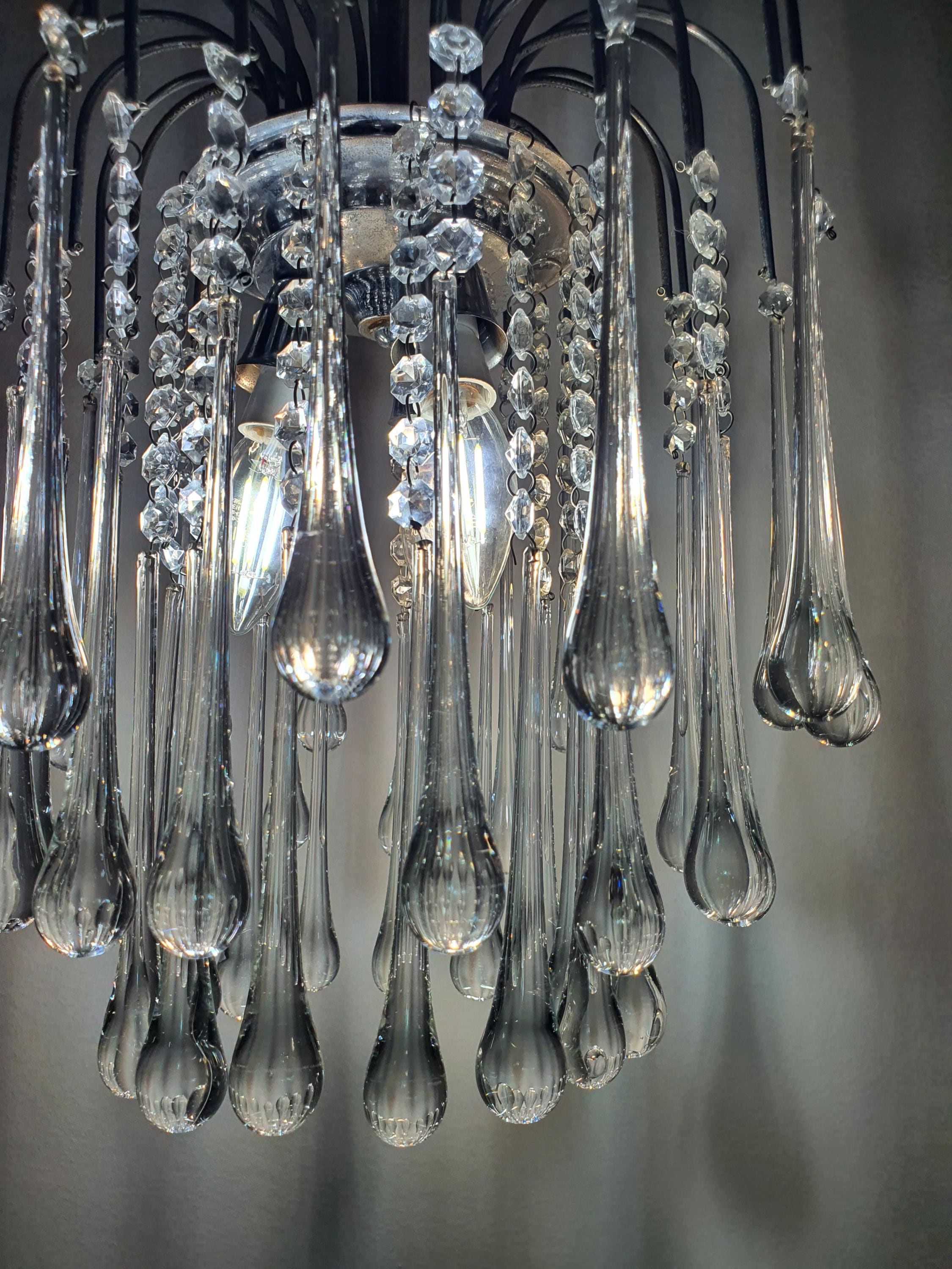 Vintage Murano clear teardrop cascade chandelier in hallway, long chain suspension, sparkling clear drops, statement lighting