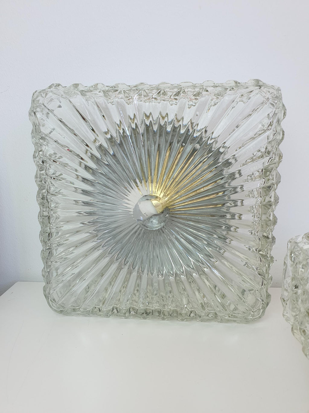 Pair of Brutalist Square Glass Wall Sconces or Ceiling Lights | Art Deco Light Fixtures | Mid-Century Modern Textured Glass Lamps