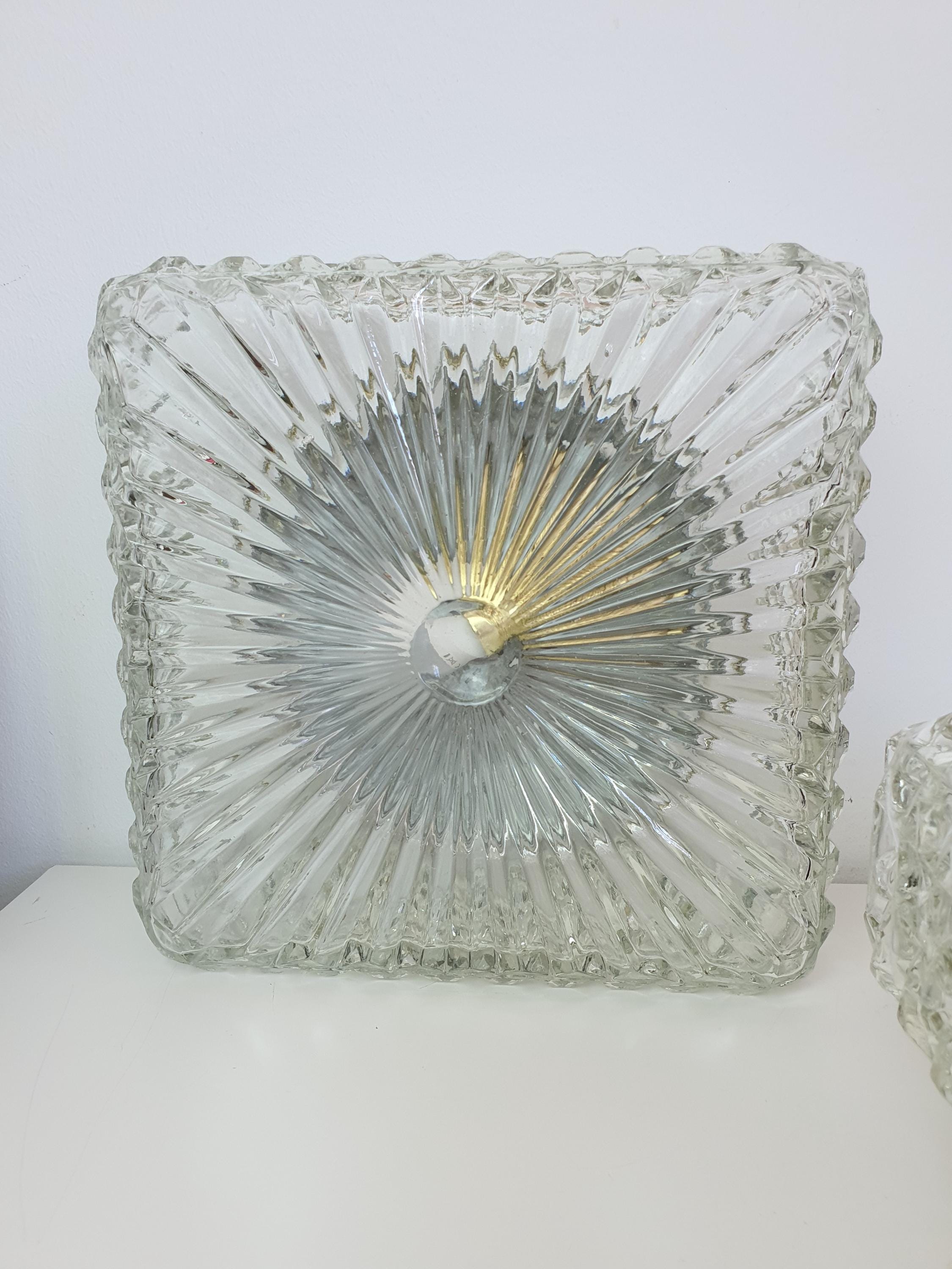 Pair of Brutalist Square Glass Wall Sconces or Ceiling Lights | Art Deco Light Fixtures | Mid-Century Modern Textured Glass Lamps