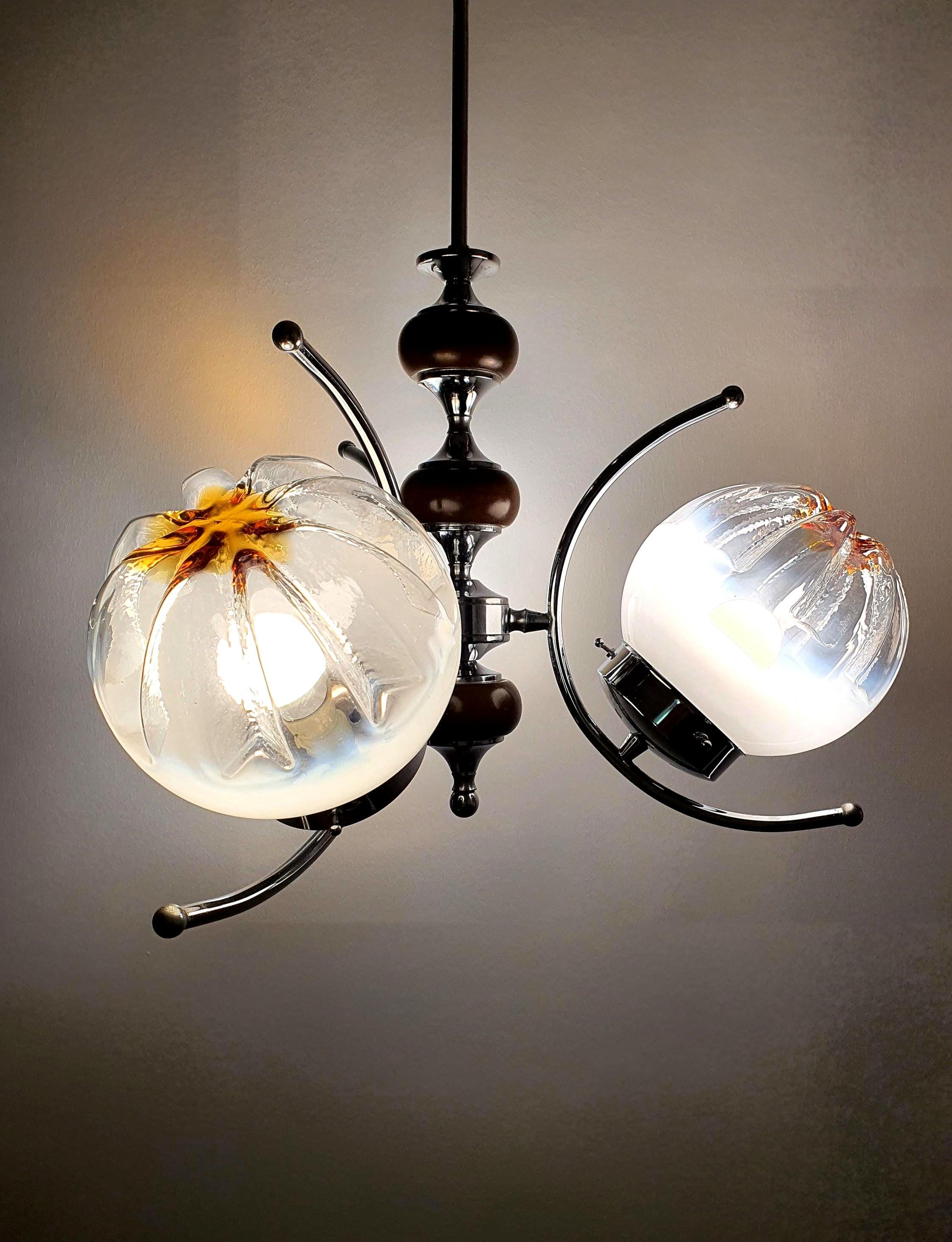 Mazzega-style vintage Murano glass 3-arm chandelier with white to clear globes accented with orange, chrome metal and wooden base