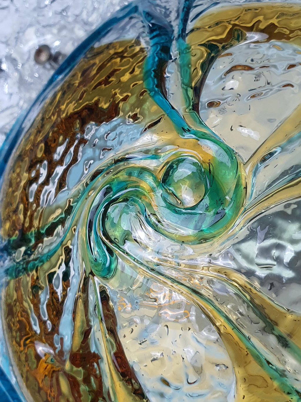 Handmade variation in turquoise and caramel Murano glass petals, vintage Mazzega floral sconce, authentic vintage character

