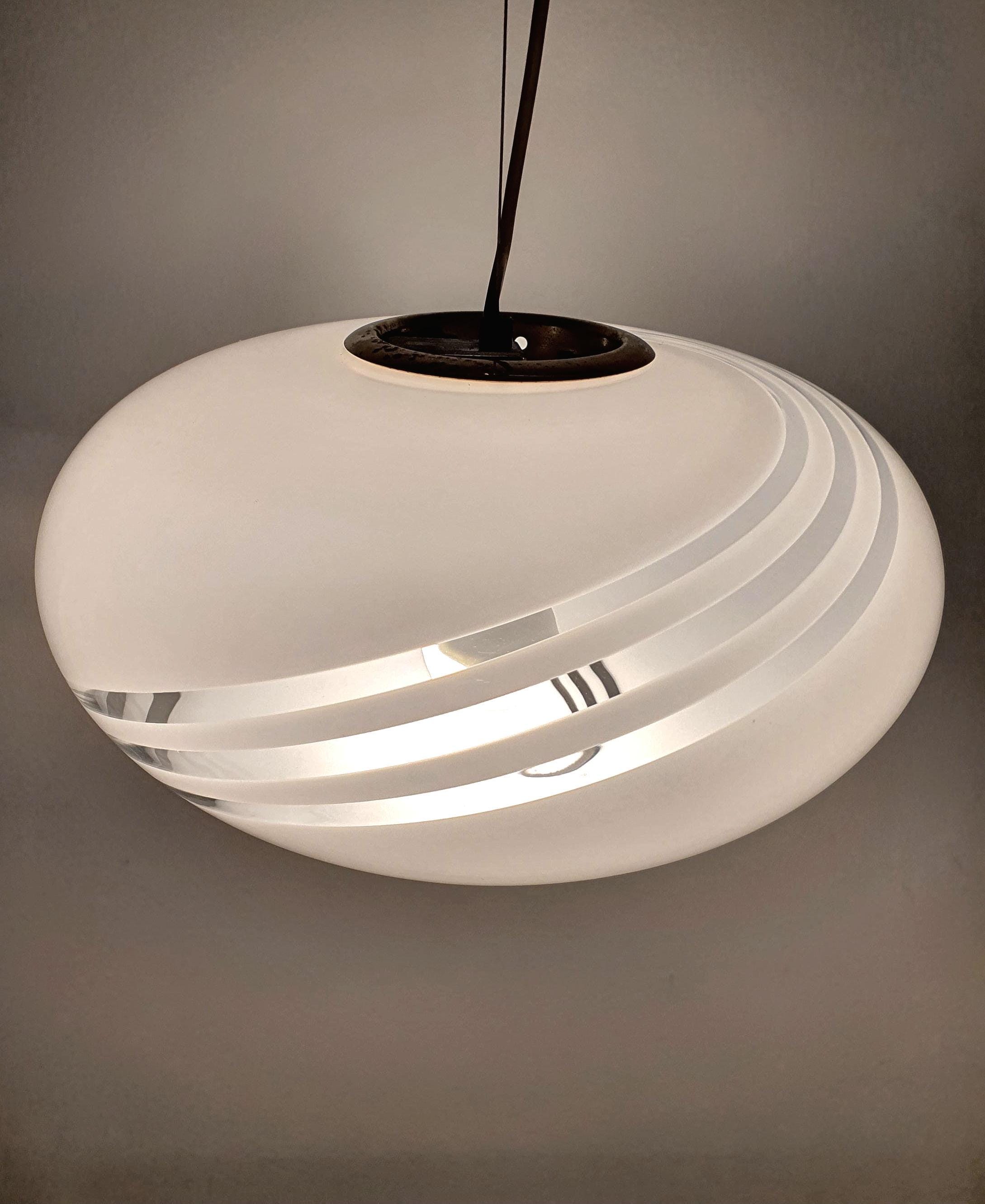 Murano Glass Pendant Light: White Swirl Globe, Italian MCM Lighting