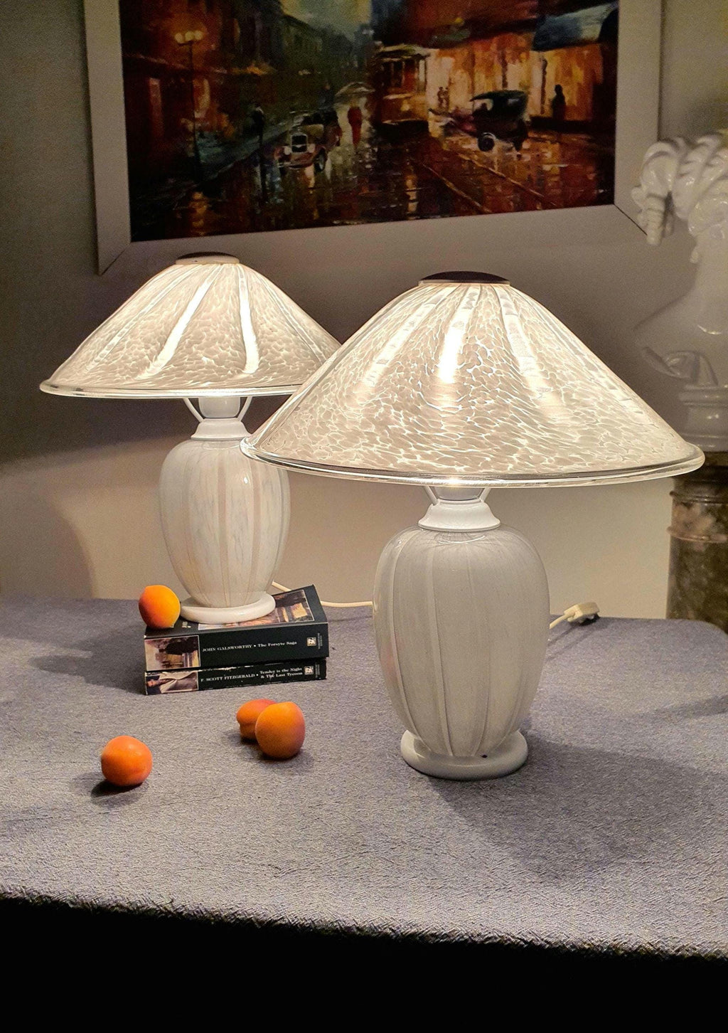 Murano glass mushroom bedside lamp — white and grey wave glass, side profile
