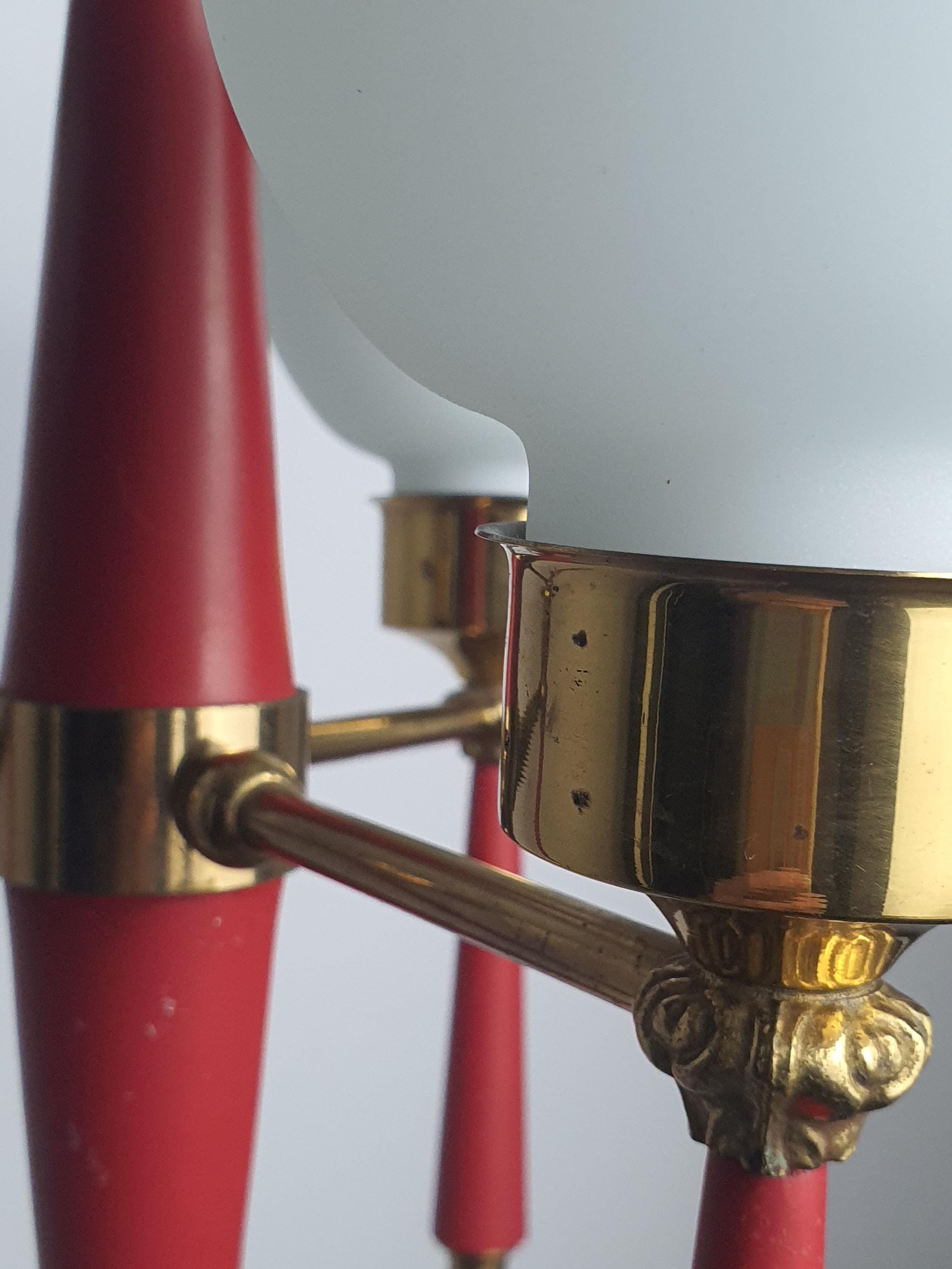 1950s Italian brass chandelier — red metal arm and milk white glass shade detail