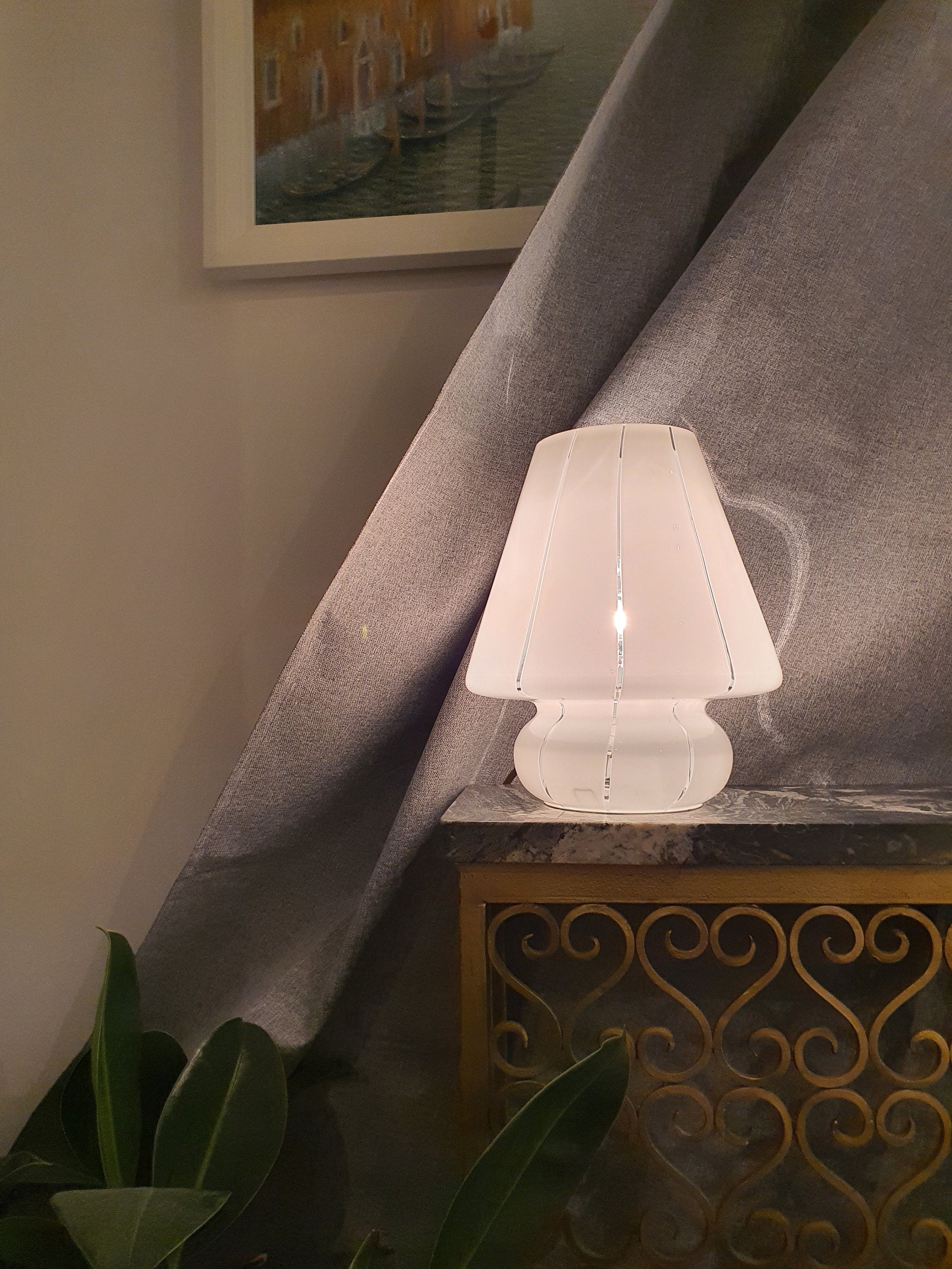 Vintage White Murano Glass Mushroom Lamp: 1970s Mid-Century Modern Bedside Light