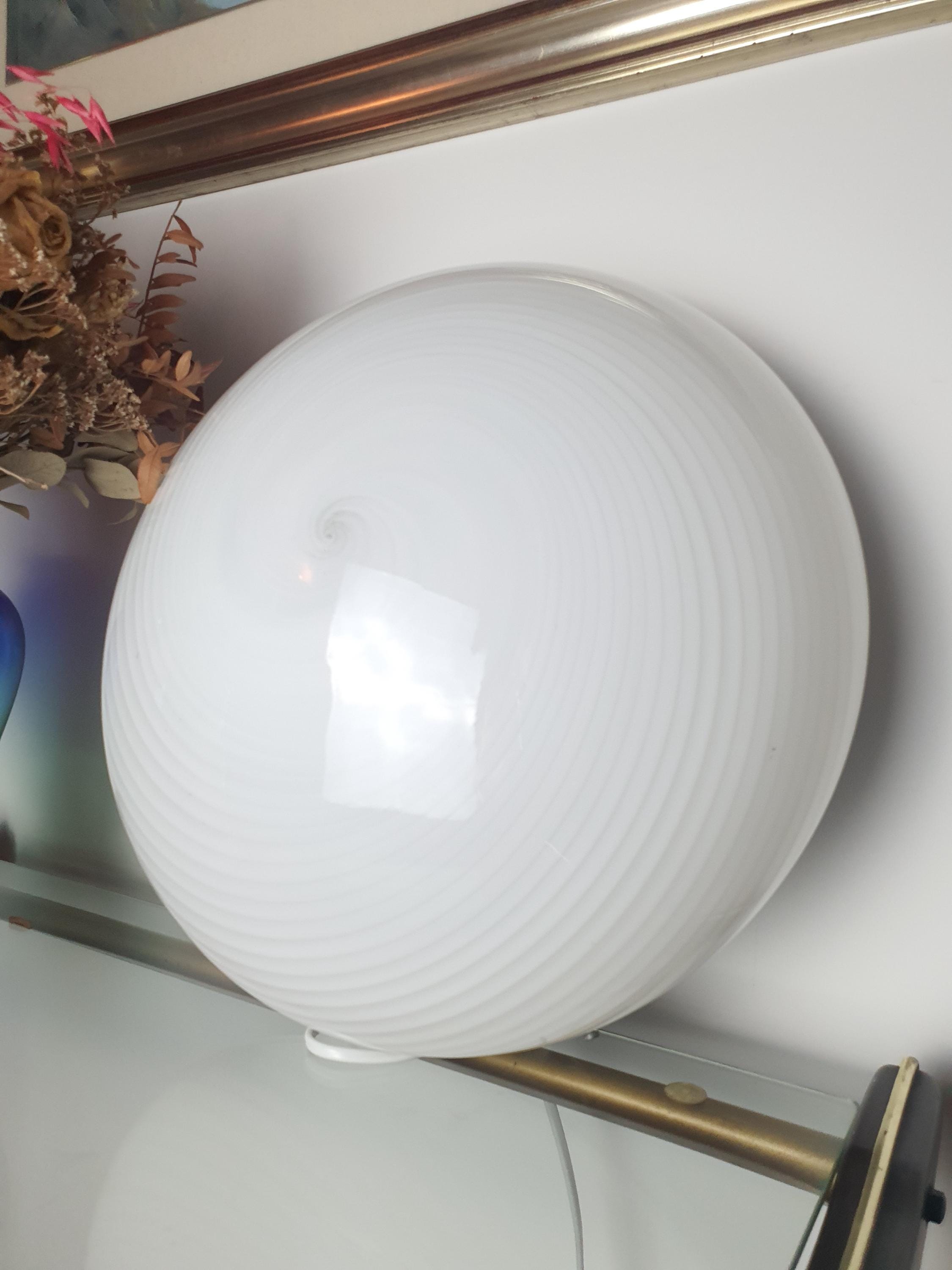 Large Vintage Murano Glass White Swirl Flush Mount Light