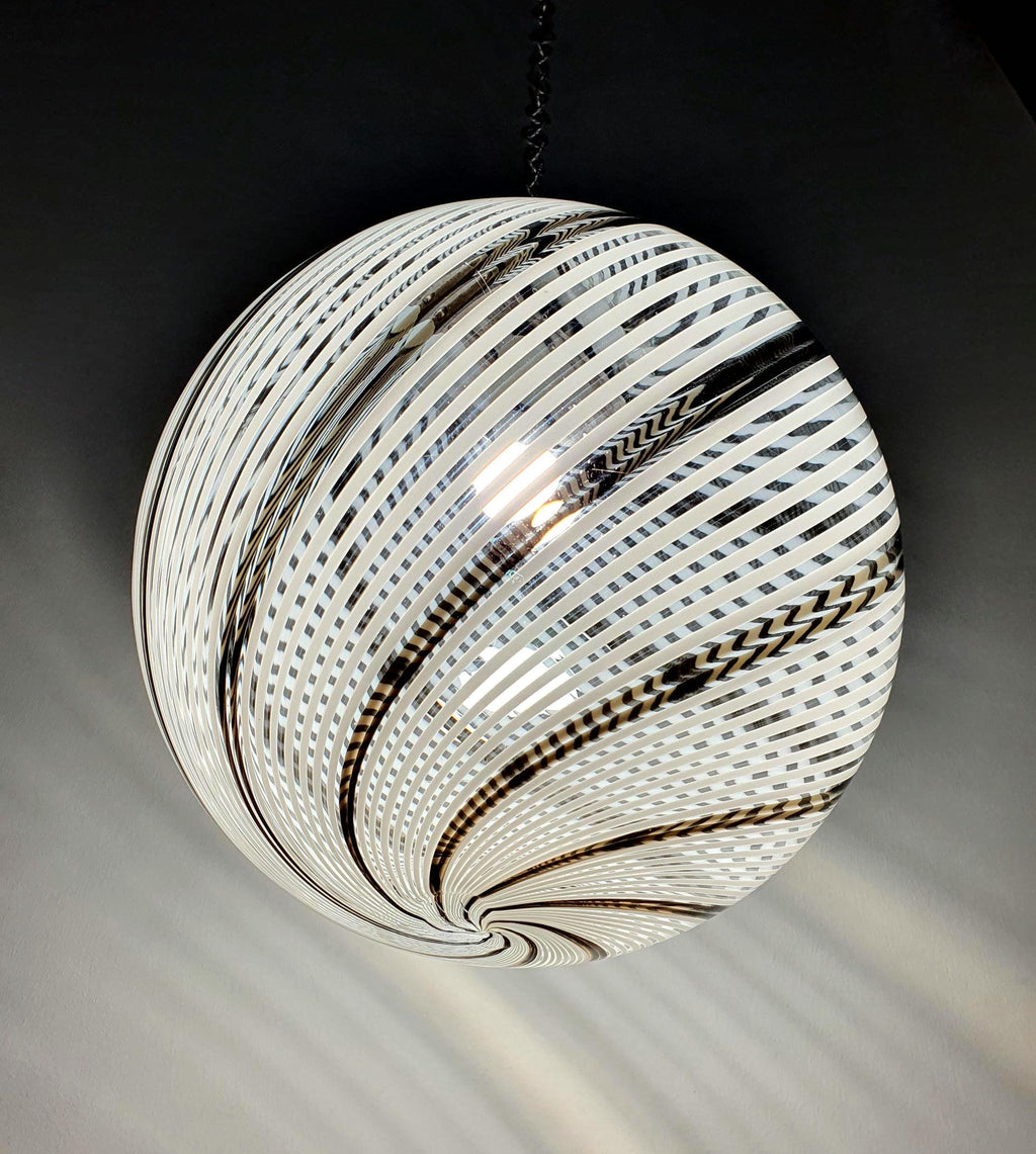 Vintage Murano glass filigrana globe pendant light, white and brown swirl lines, chrome fitting, Italy