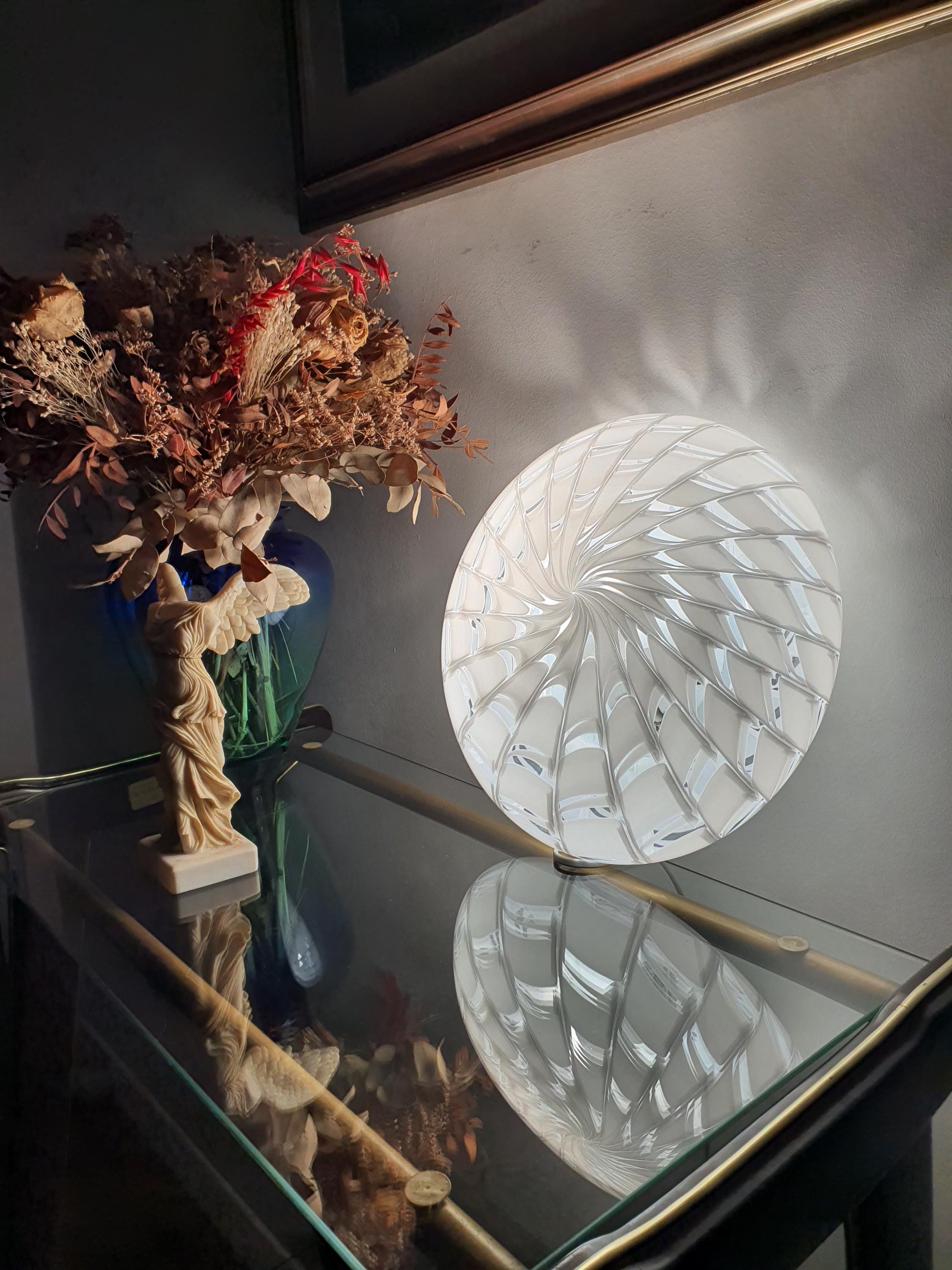 Vintage Murano glass starburst flush mount, white and clear spiderweb radiating pattern, wall or ceiling, Italy 1960s–1980s

