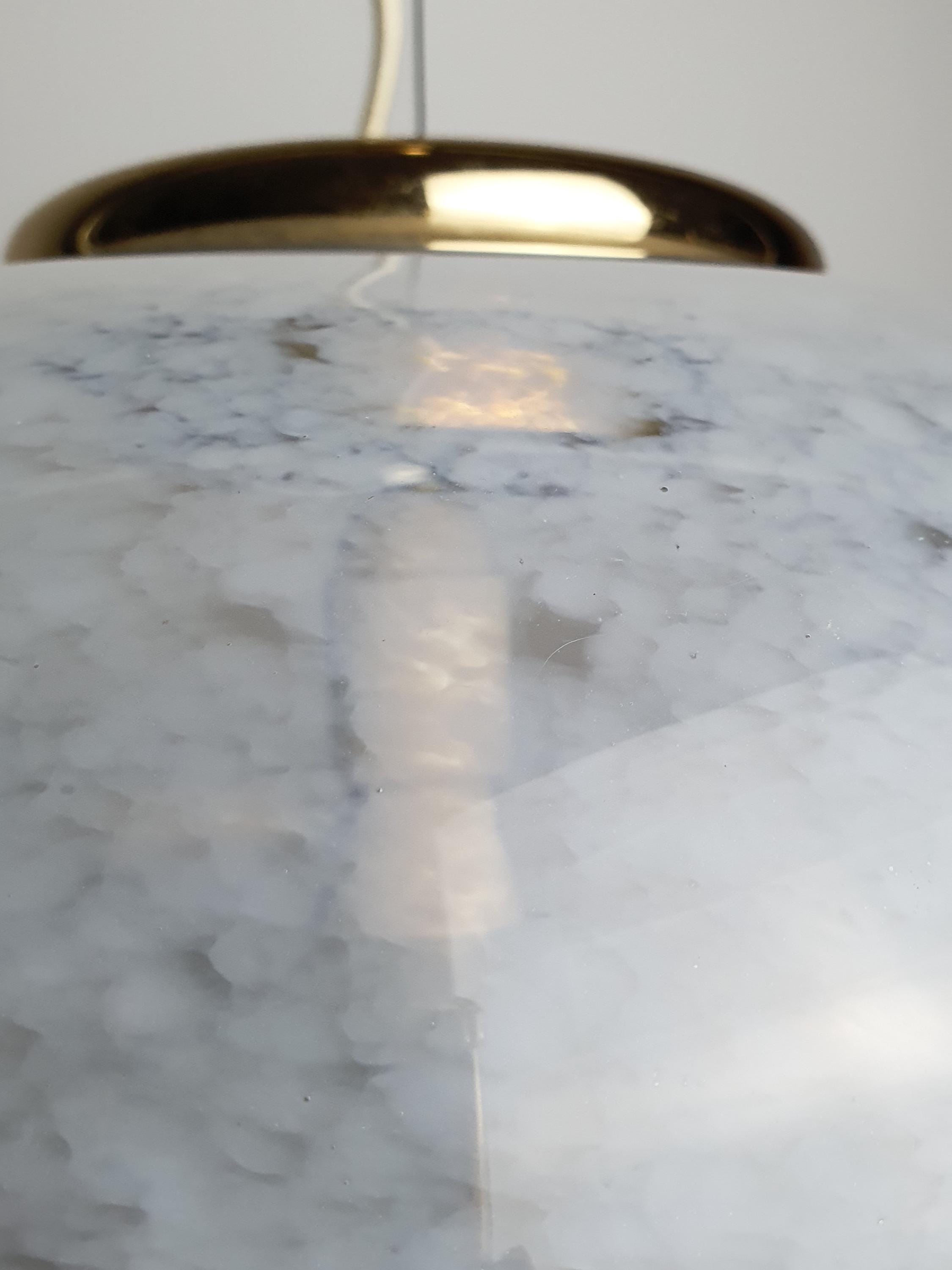 Murano pulegoso glass globe pendant, side profile, white inclusions and bubble texture