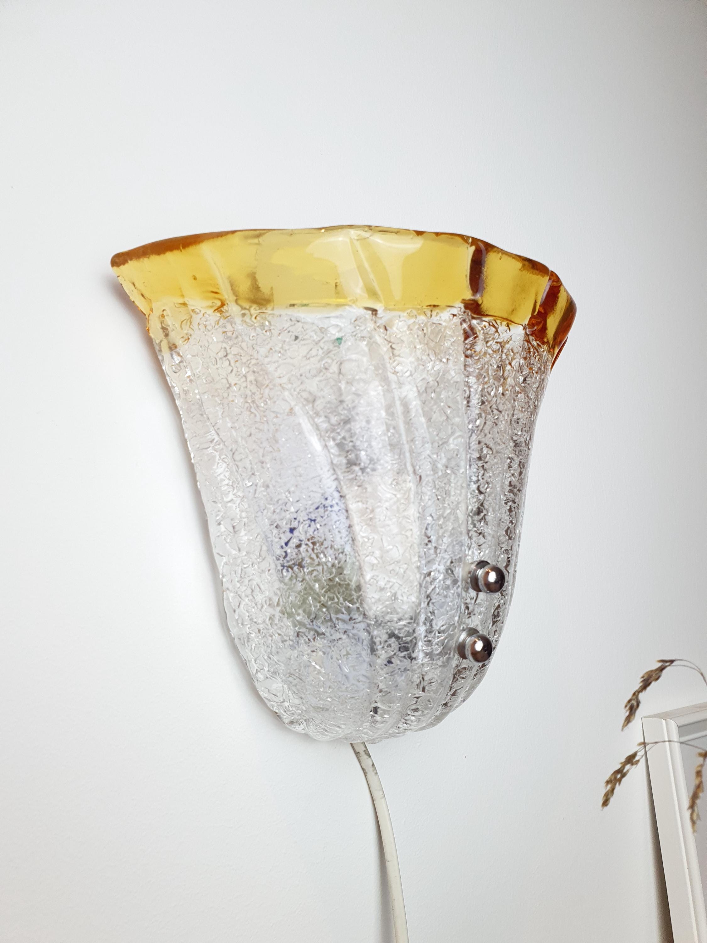Vintage Murano Glass Floral Wall Sconce: Frosted Clear & Yellow, Italian Lighting
