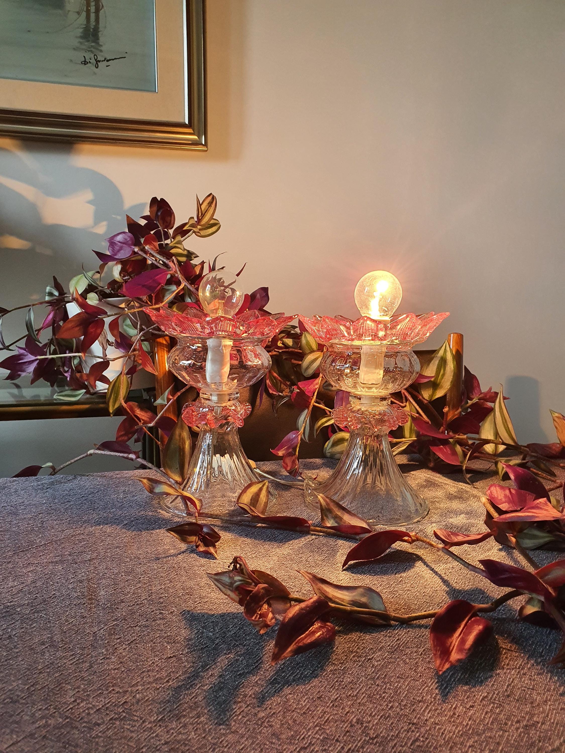 Pink Art Deco Murano Glass Tulip Bedside Lamps: MCM Retro Lighting