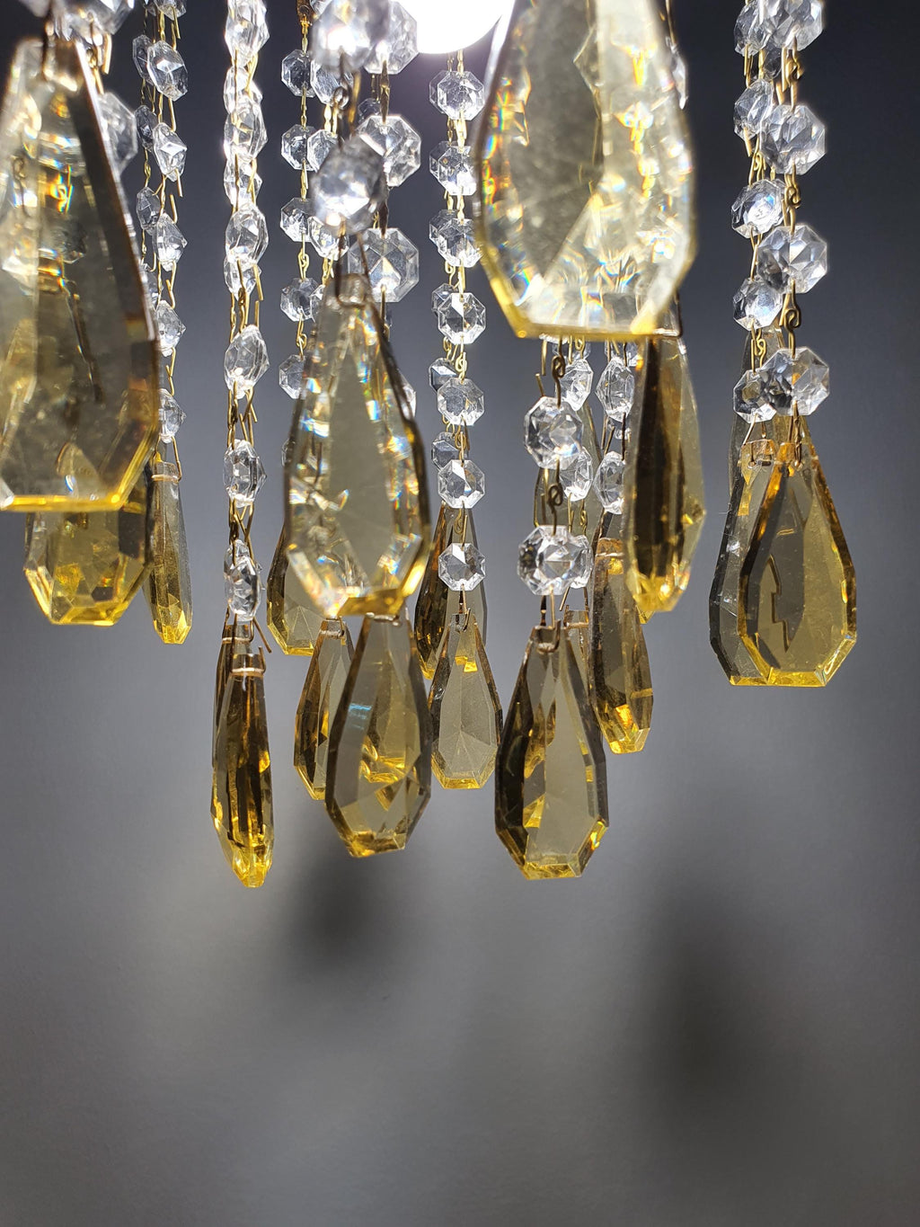 Small Vintage Honey Yellow Teardrop Chandelier | Hollywood Regency Gold Pendant Light