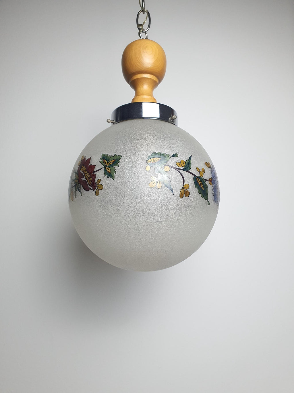 1950s Italian Vintage Globe Pendant Light Frosted Glass Floral Wooden Chrome Base
