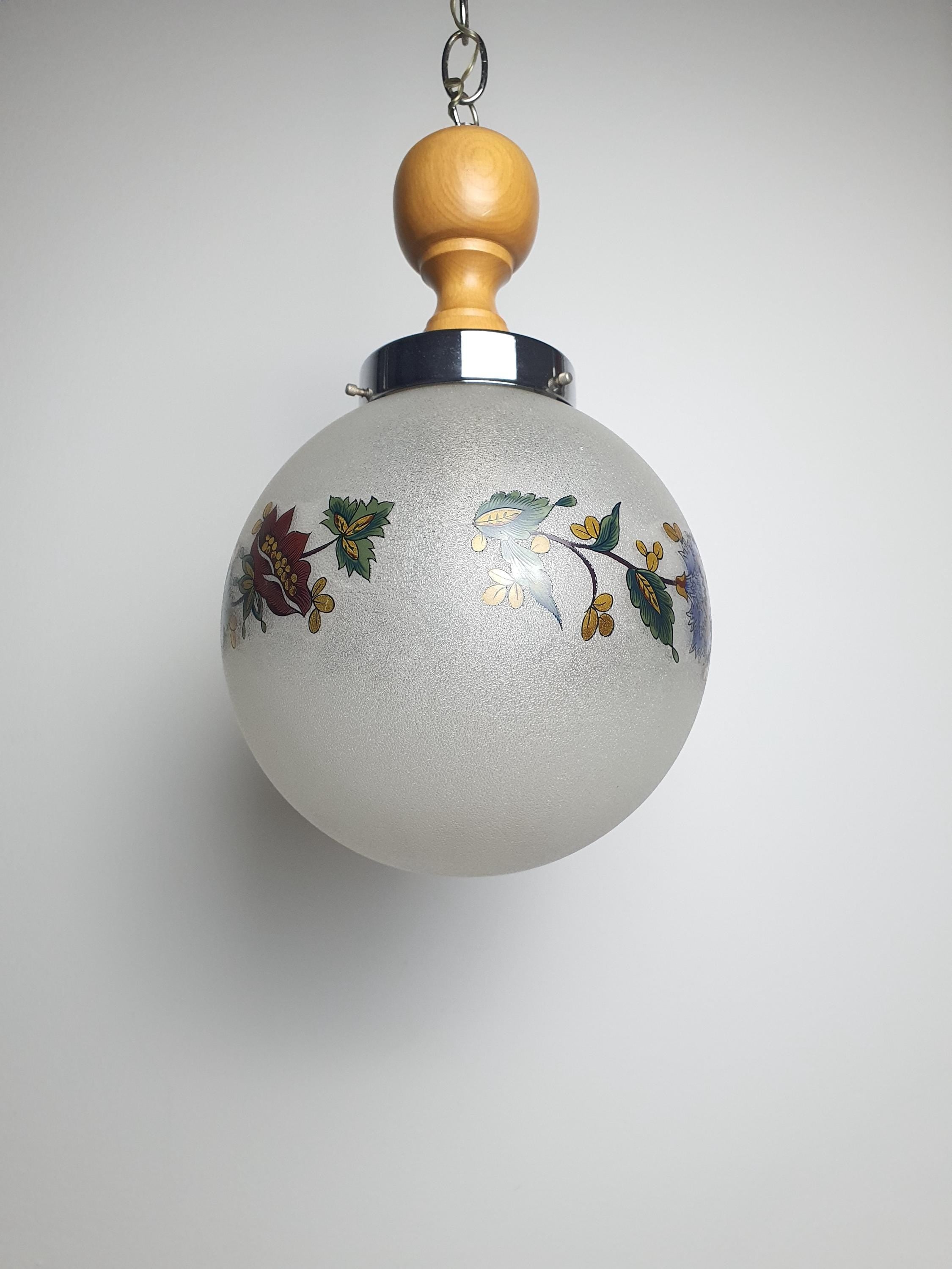 1950s Italian Vintage Globe Pendant Light Frosted Glass Floral Wooden Chrome Base