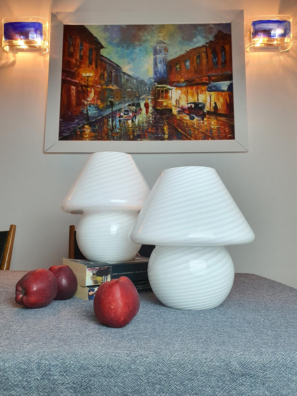 Pair of Vintage Murano Glass White Swirl Mushroom Bedside Lamps