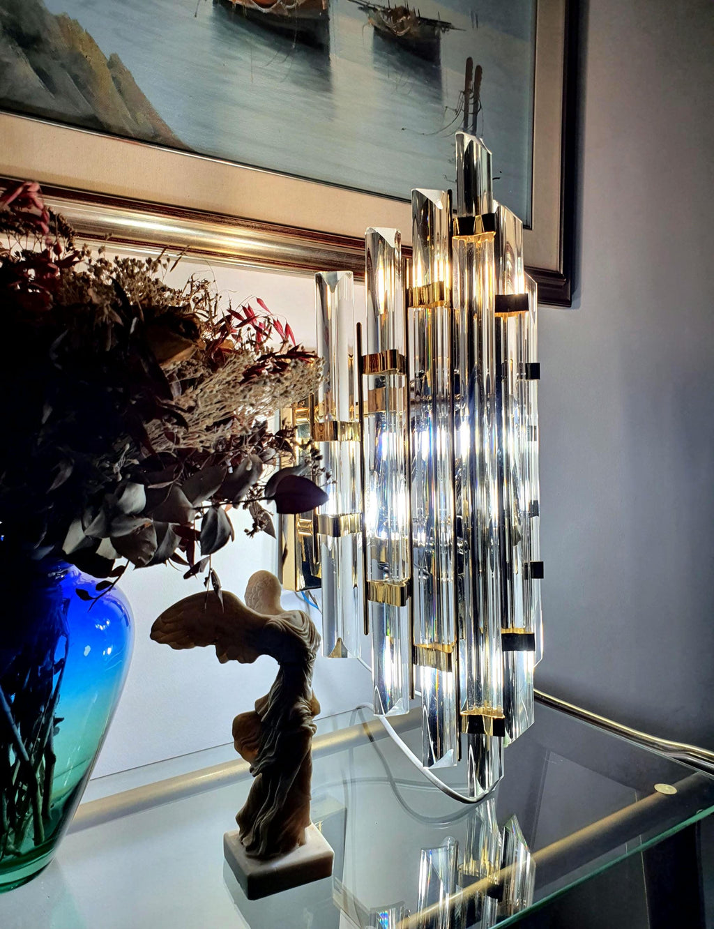 Large Venini-style triedri crystal wall sconce gold base