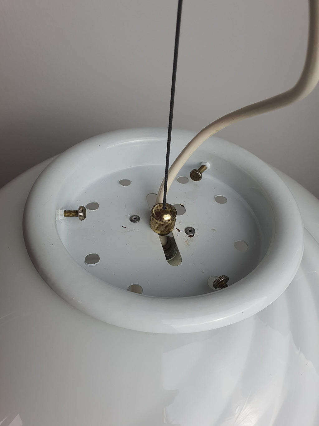 White swirl pattern detail on vintage Murano large glass globe pendant, smooth hand-blown glass, 1960s–1980s Italy