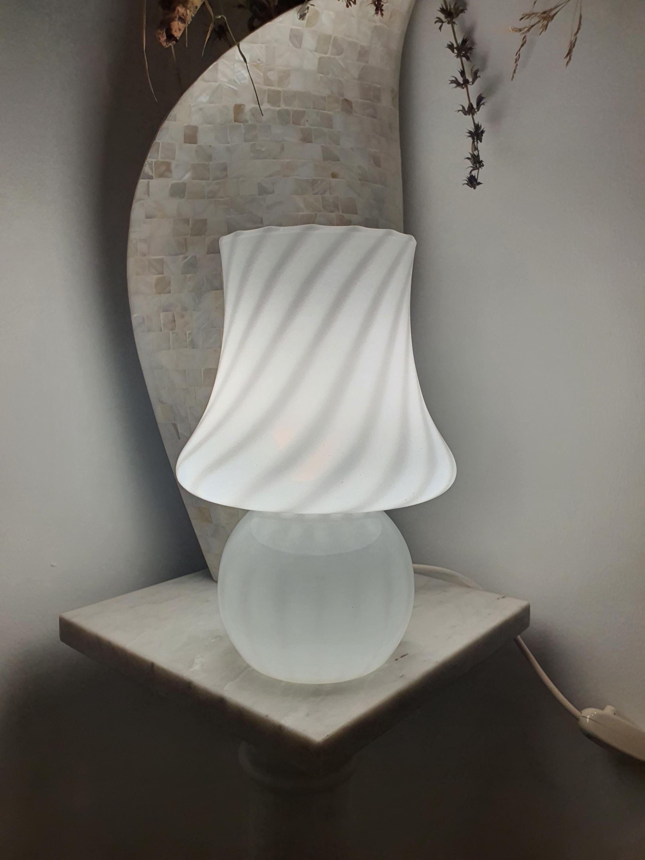 Vintage Murano Glass Mushroom Lamp: White Swirl Scandinavian Bedside Light