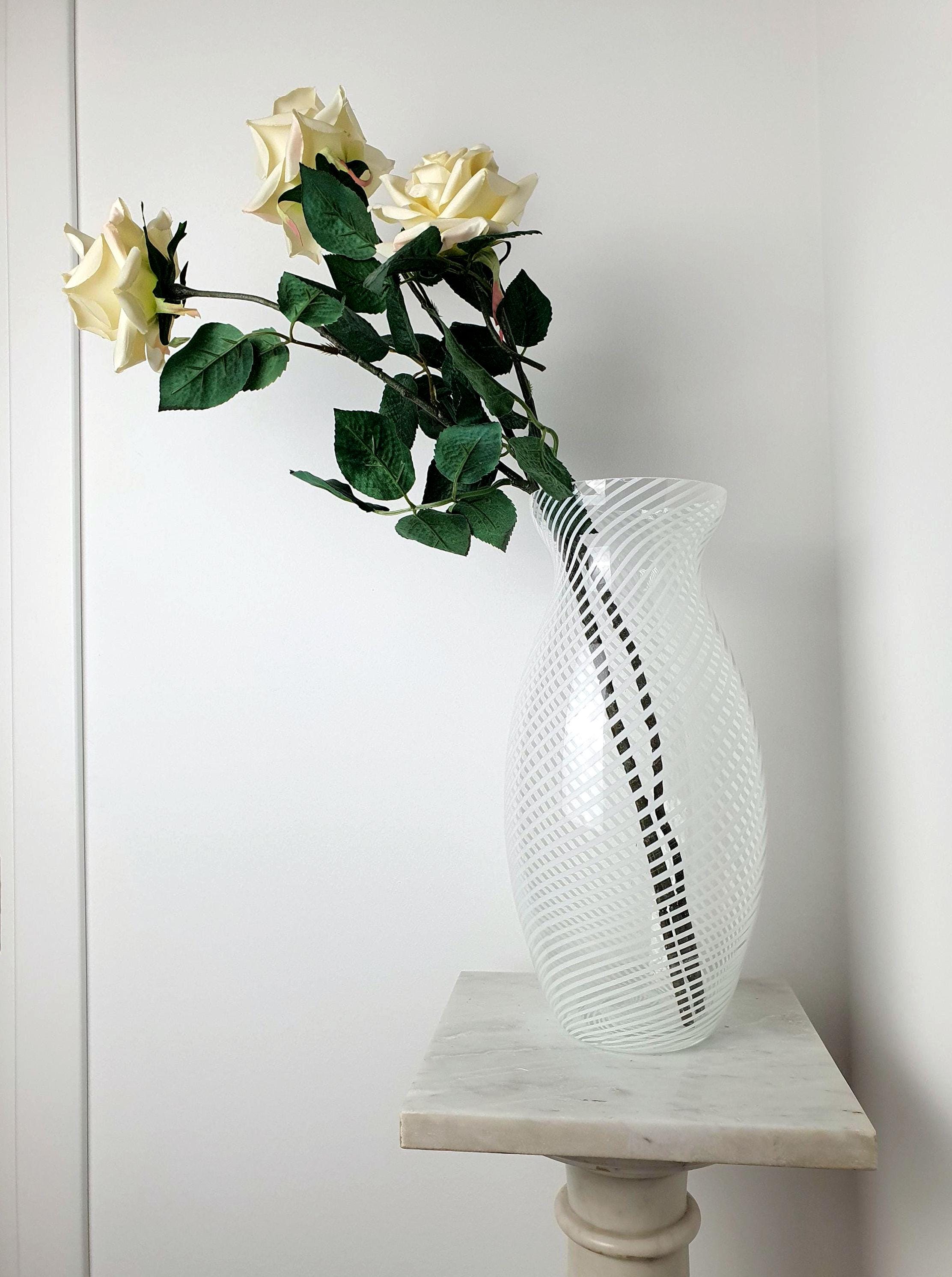 Vintage Murano glass filigree vase in the style of Paolo Venini, clear glass with white swirl lines