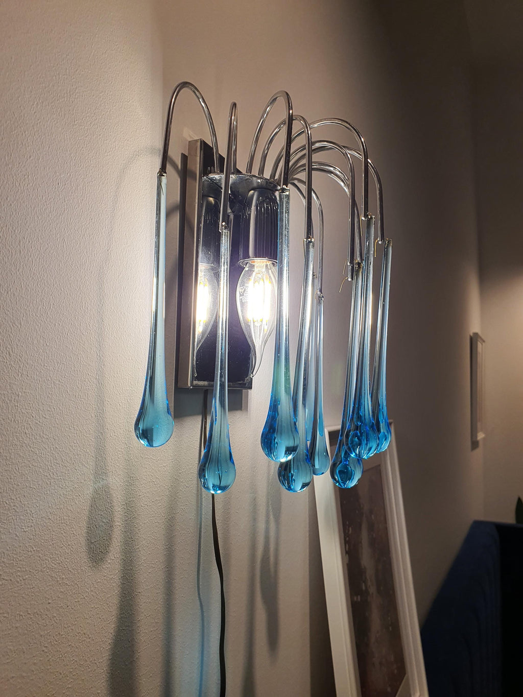 Vintage Murano Glass Teardrop Sconce: Blue Waterfall Light Fixture