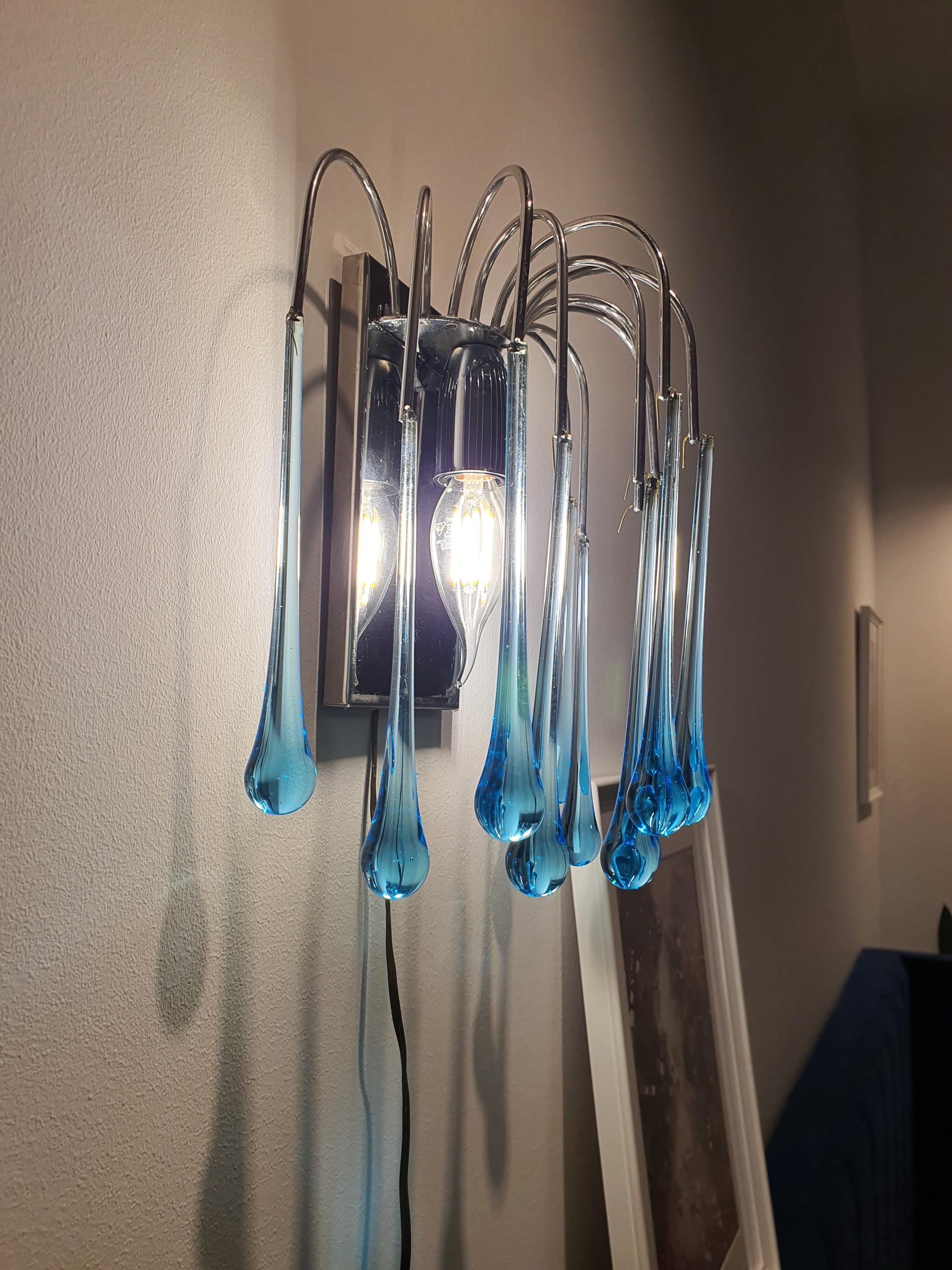 Vintage Murano Glass Teardrop Sconce: Blue Waterfall Light Fixture