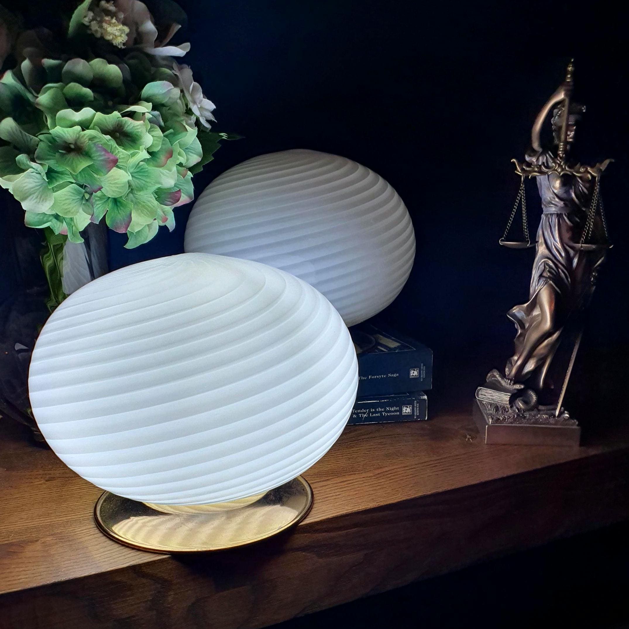 Pair vintage Murano glass swirl globe bedside lamps gold base