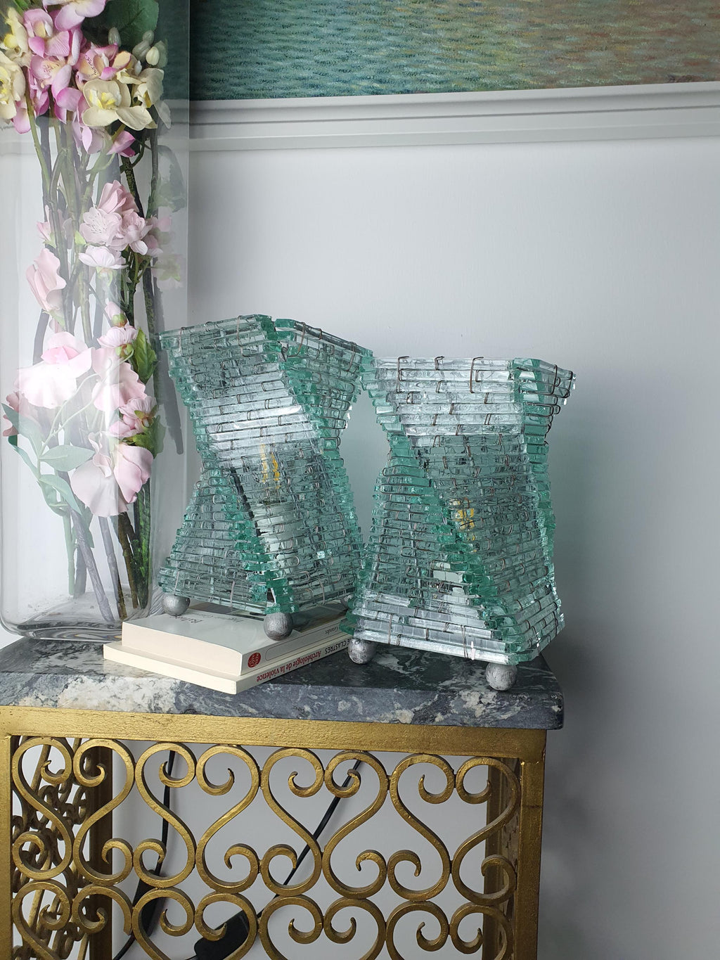 Matching pair of sculptural recycled glass table lamps
