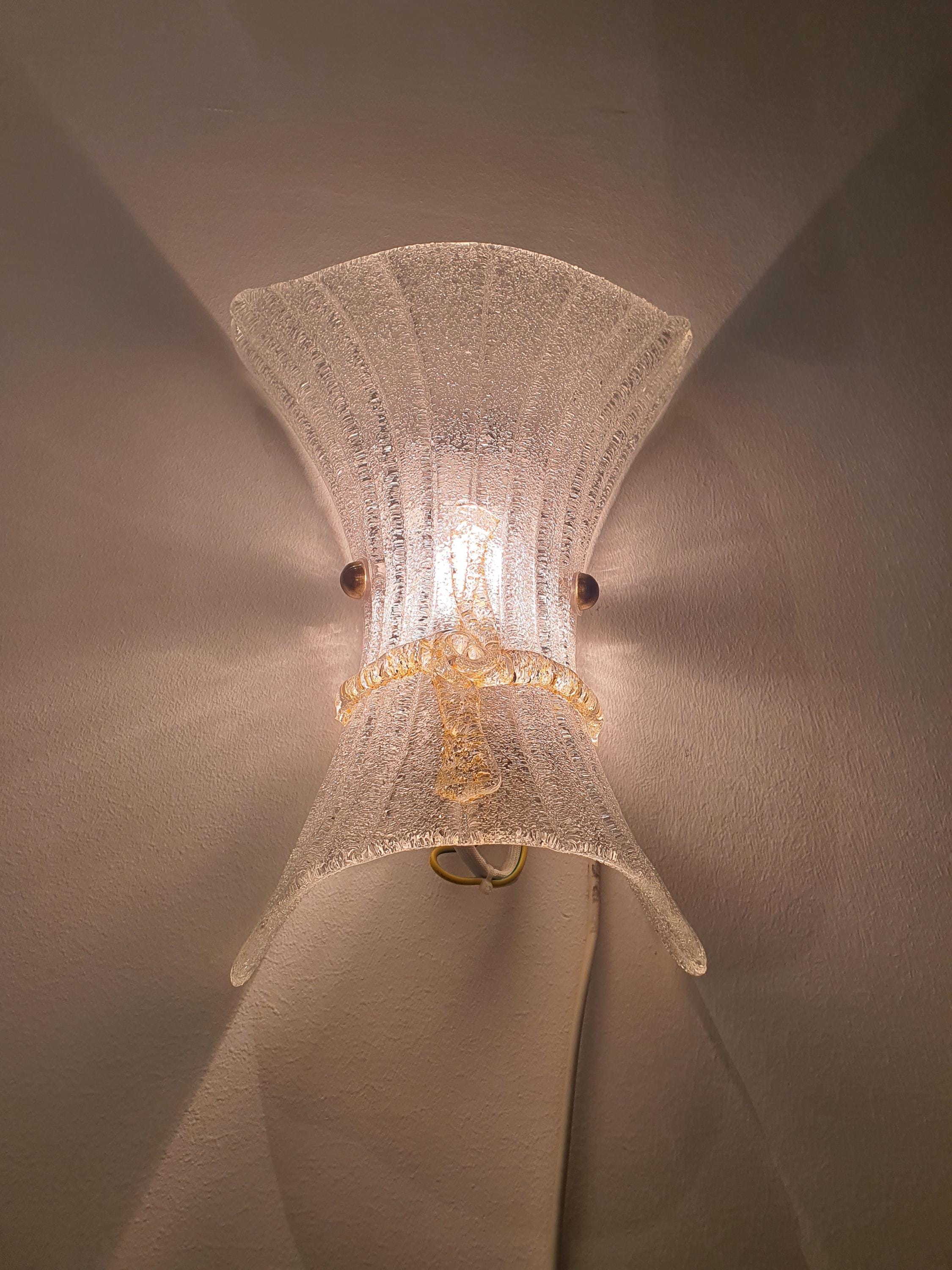 Vintage Murano Frosted Glass Wall Sconce: Venetian Shell Light with Yellow Bow