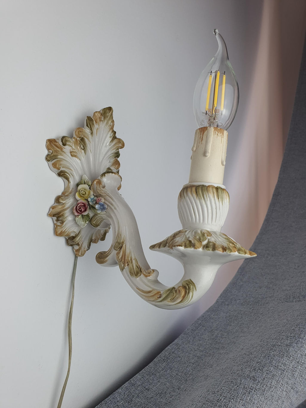 Detail of hand-painted floral decoration and porcelain roses
