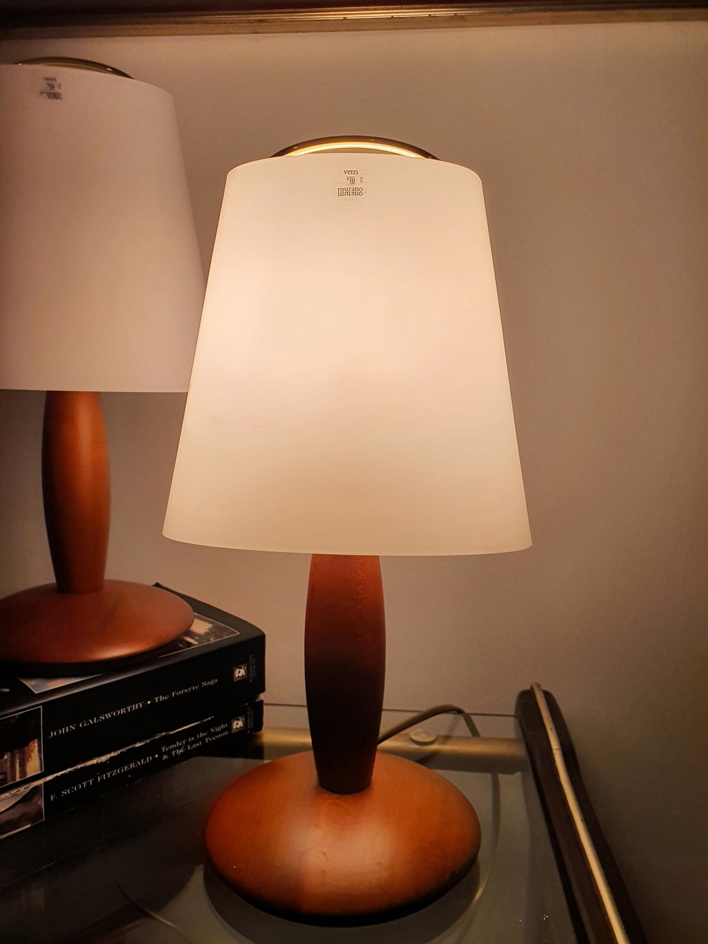 Due P. Vintage Murano Glass Desk Lamps | Pair of Italian Midcentury Wooden-Base Lights