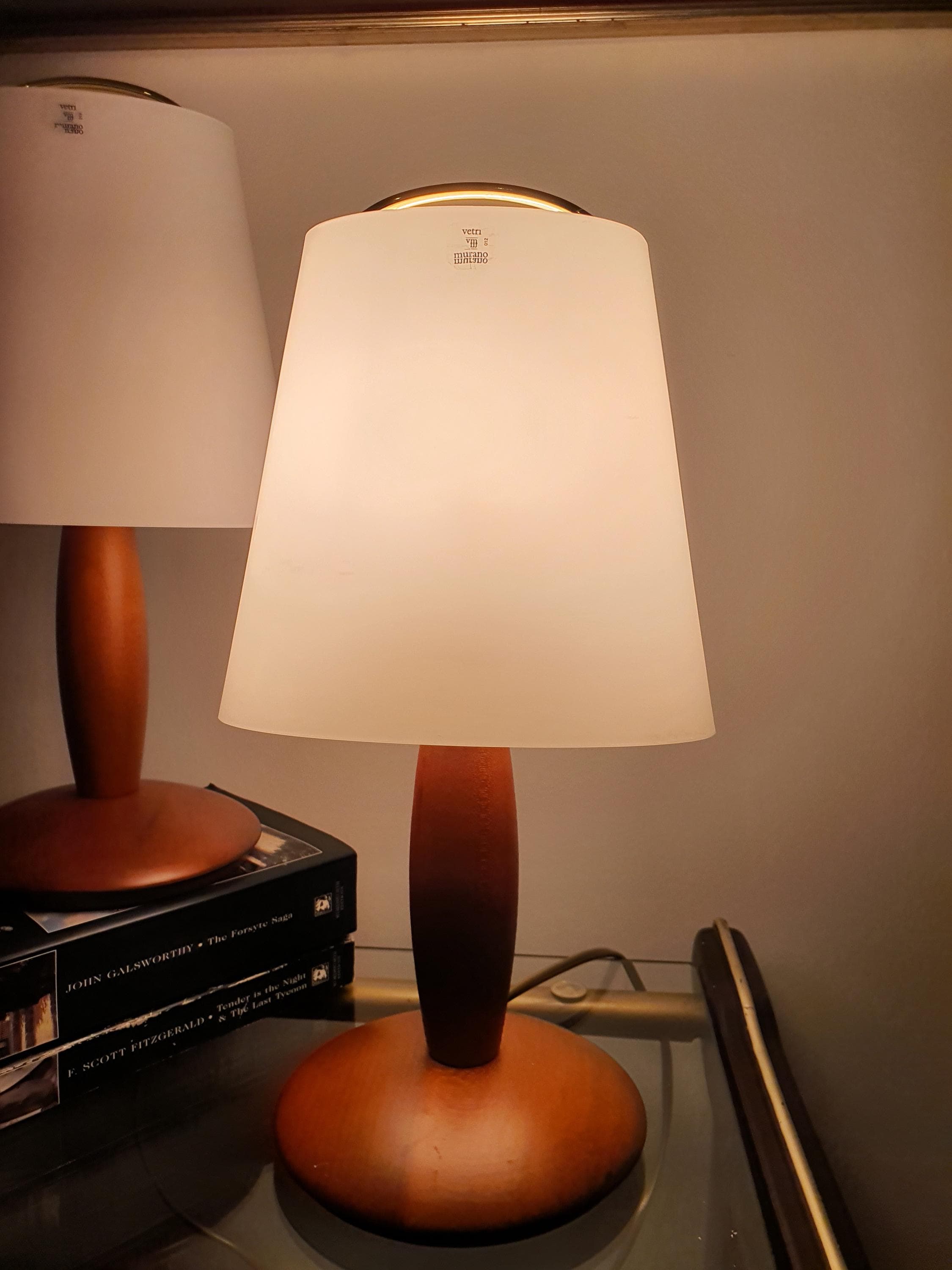 Due P. Vintage Murano Glass Desk Lamps | Pair of Italian Midcentury Wooden-Base Lights
