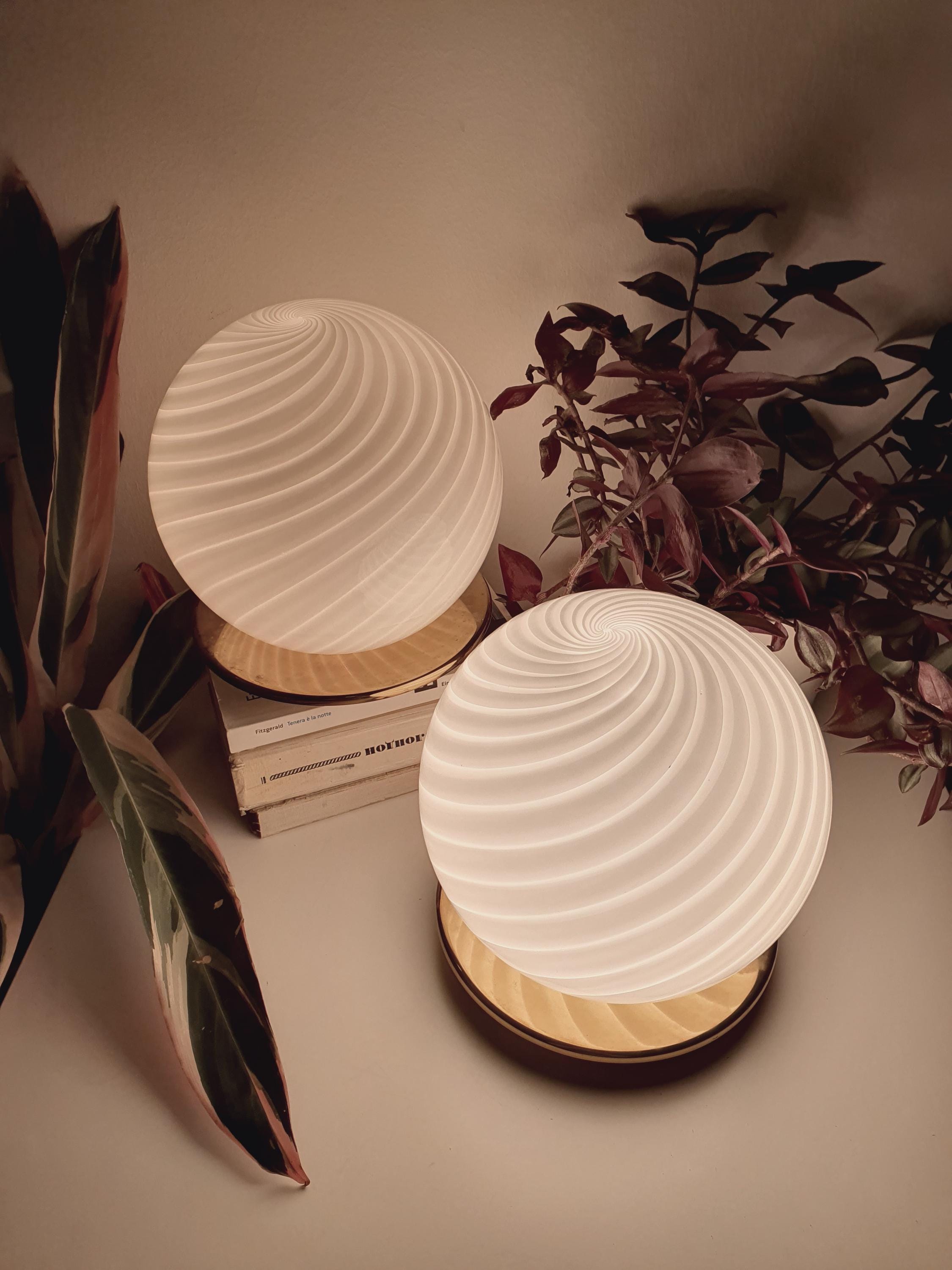 Murano Glass Table Lamps: White Swirl Globe, Brass Base, Mid-Century Modern