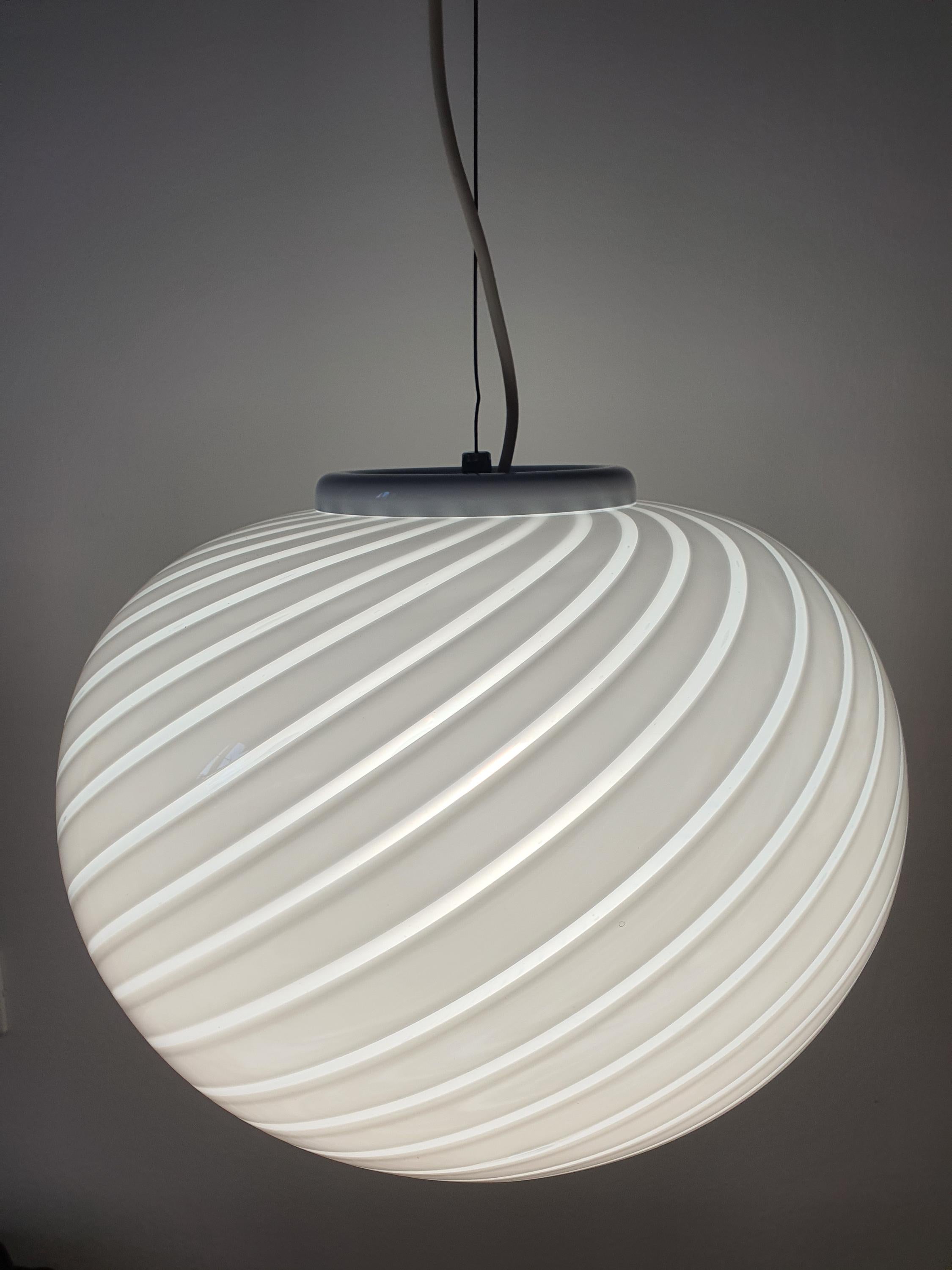 Murano white swirl globe pendant side profile, large 37cm globe, delicate white swirl pattern, hardwired pendant

