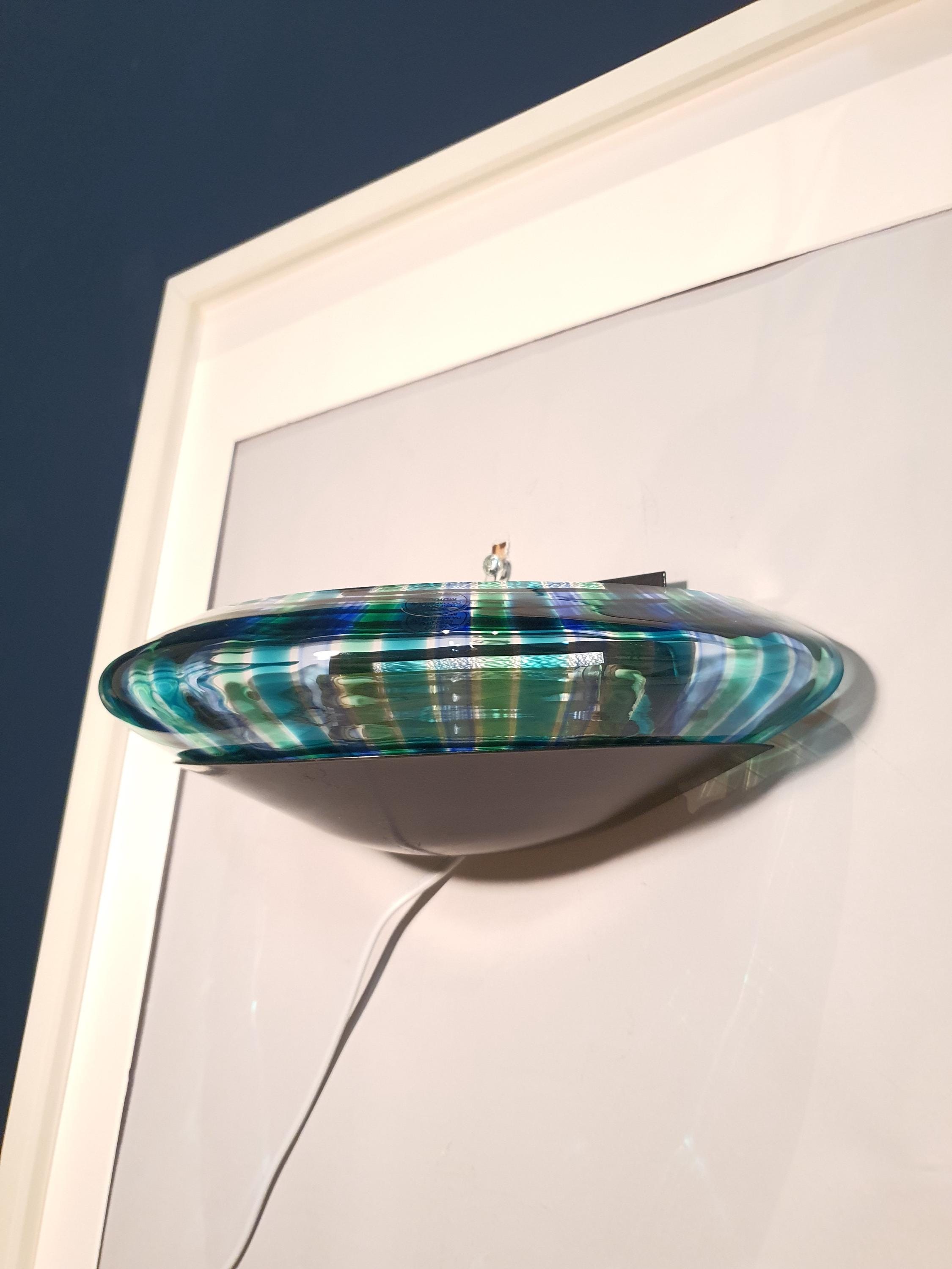 Vintage Murano Glass UFO Wall Sconce: Blue Green Striped Light Fixture