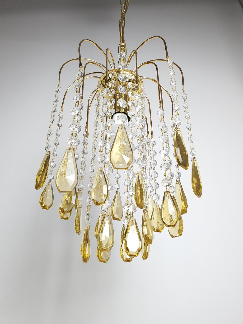 Small Vintage Honey Yellow Teardrop Chandelier | Hollywood Regency Gold Pendant Light