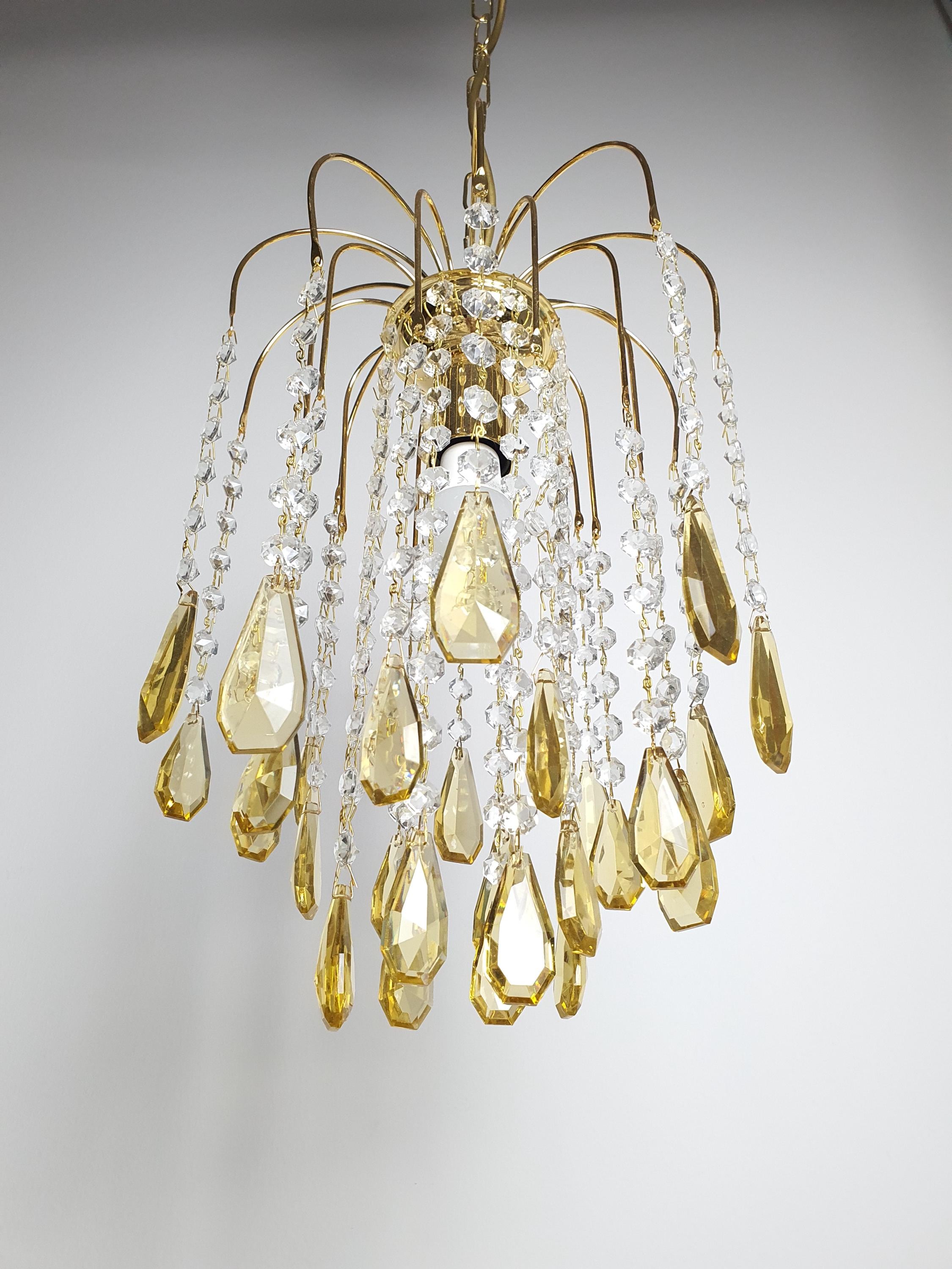 Small Vintage Honey Yellow Teardrop Chandelier | Hollywood Regency Gold Pendant Light