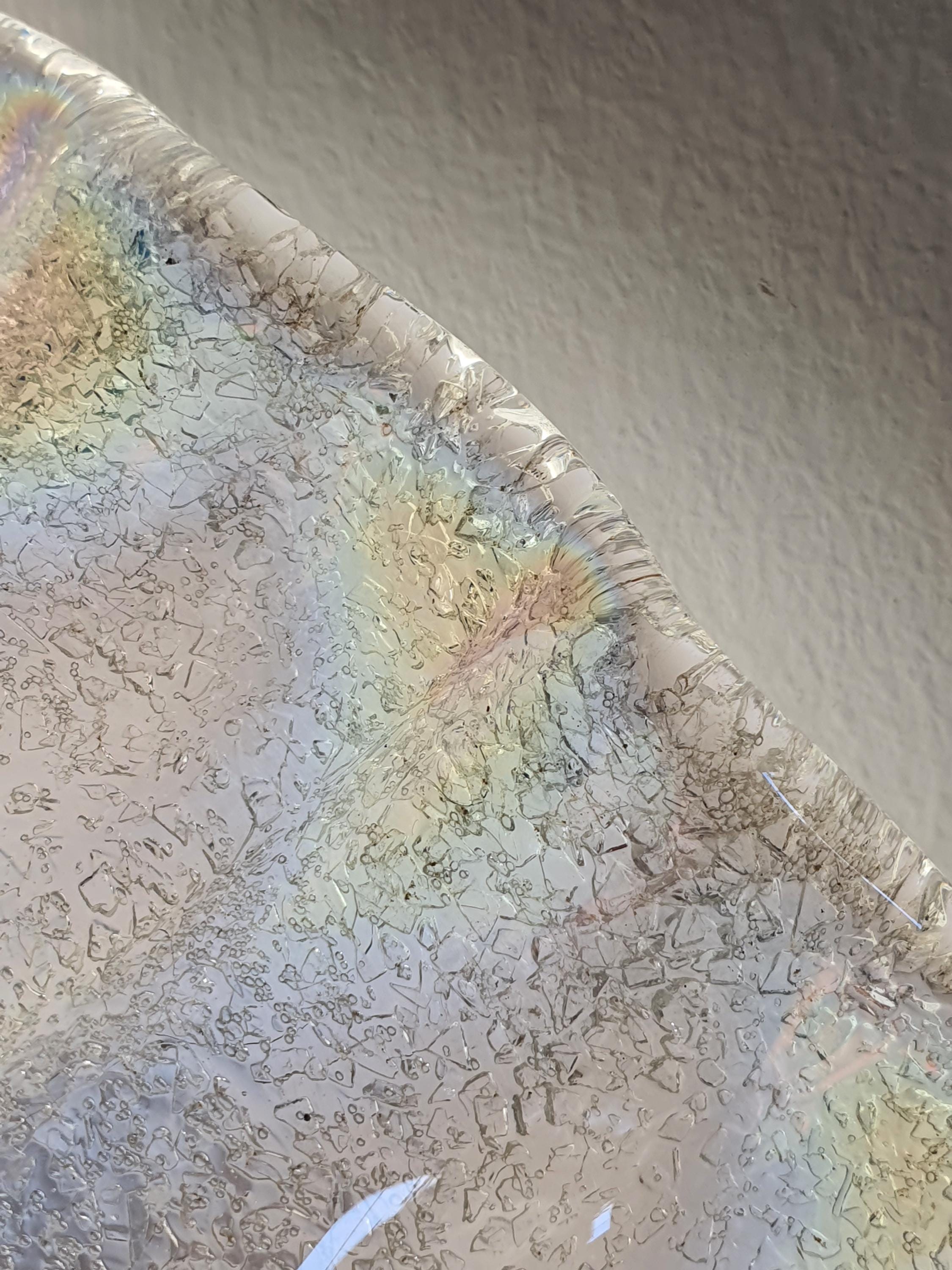 Murano glass ceiling light — iridescent finish shifting pink and green tones, detail