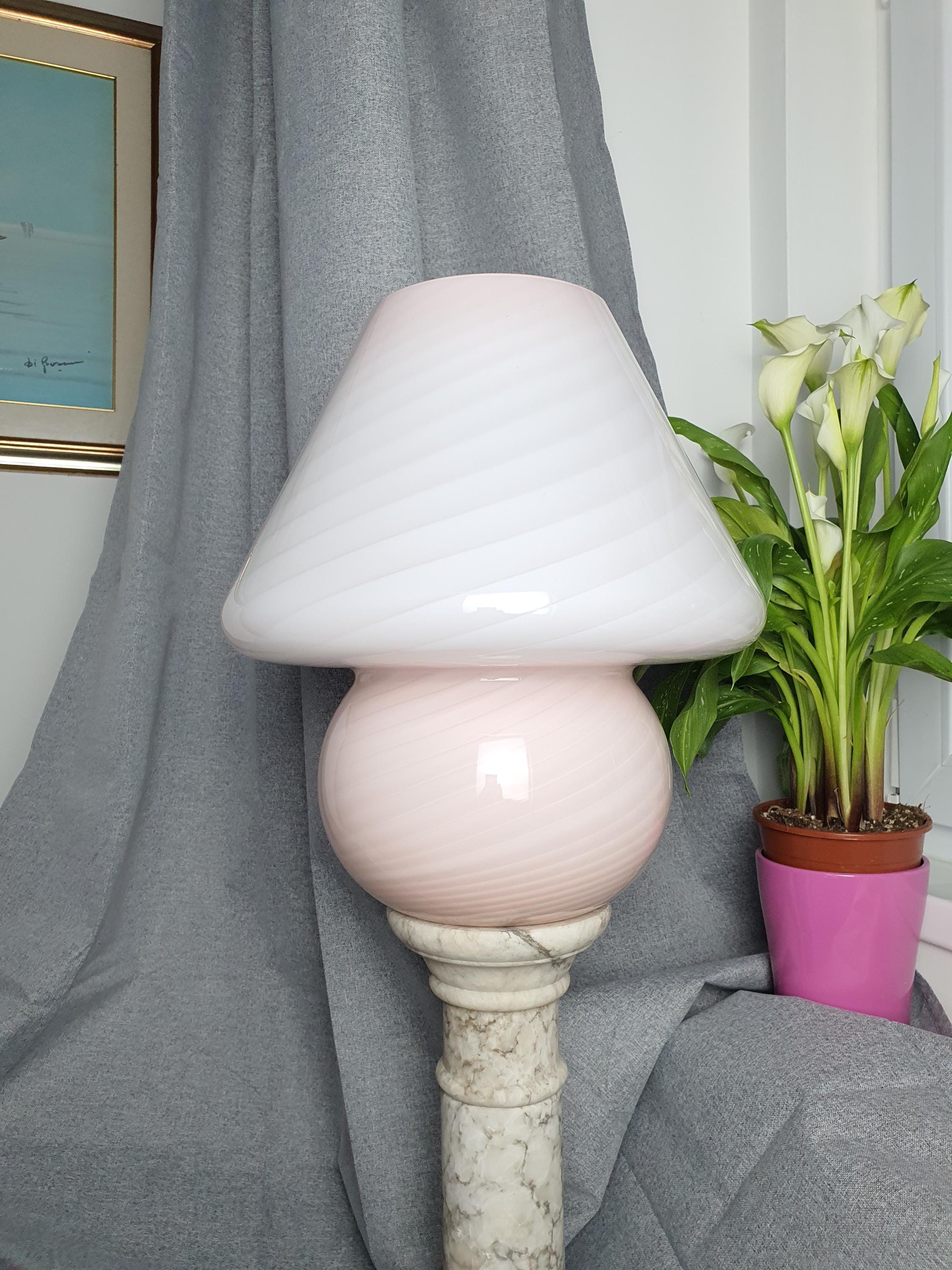 Large Murano Glass Mushroom Lamp Pink Swirl Vintage Bedside Light