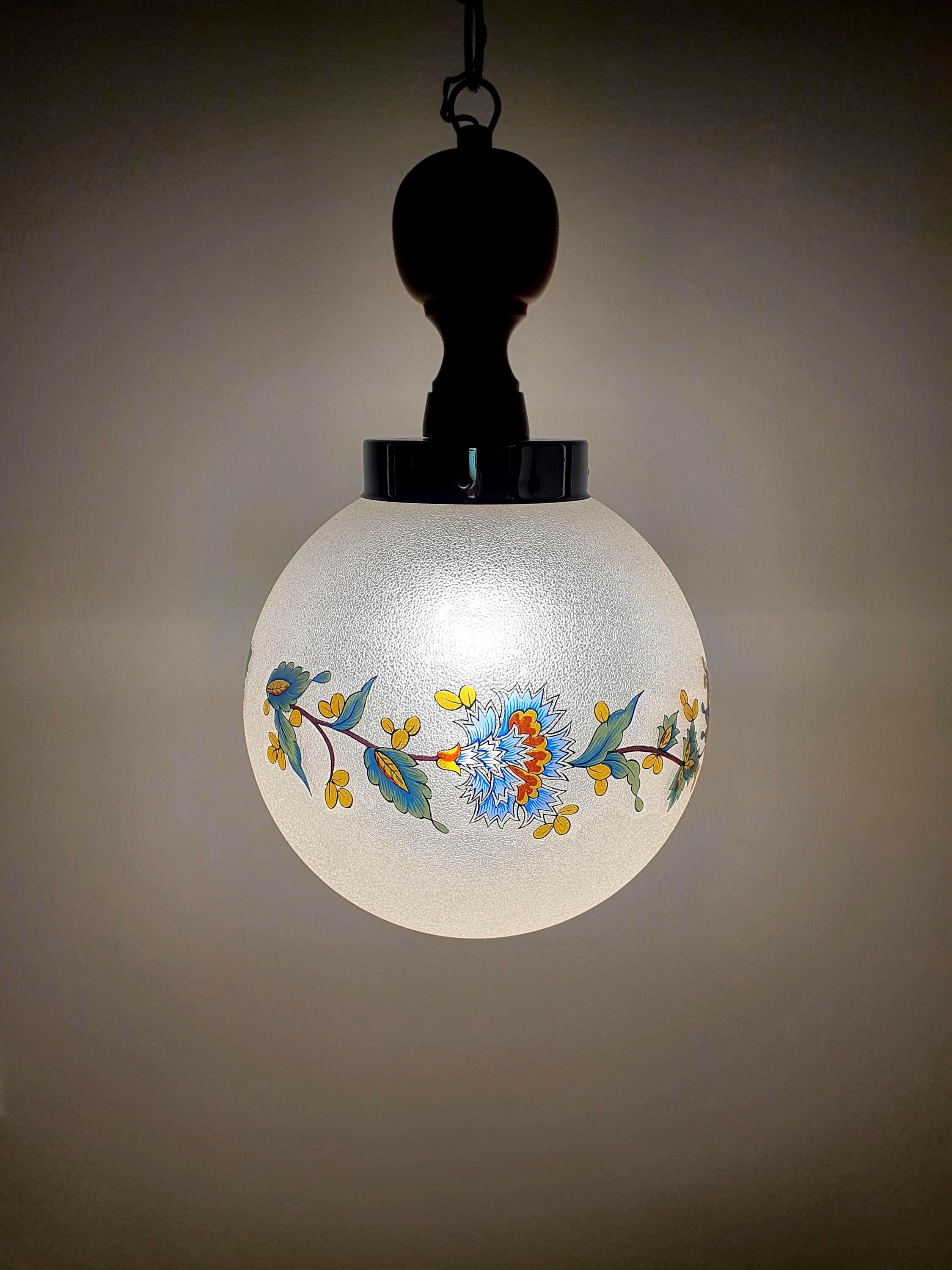 1950s Italian vintage globe pendant light frosted glass floral