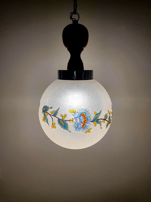 1950s Italian vintage globe pendant light frosted glass floral