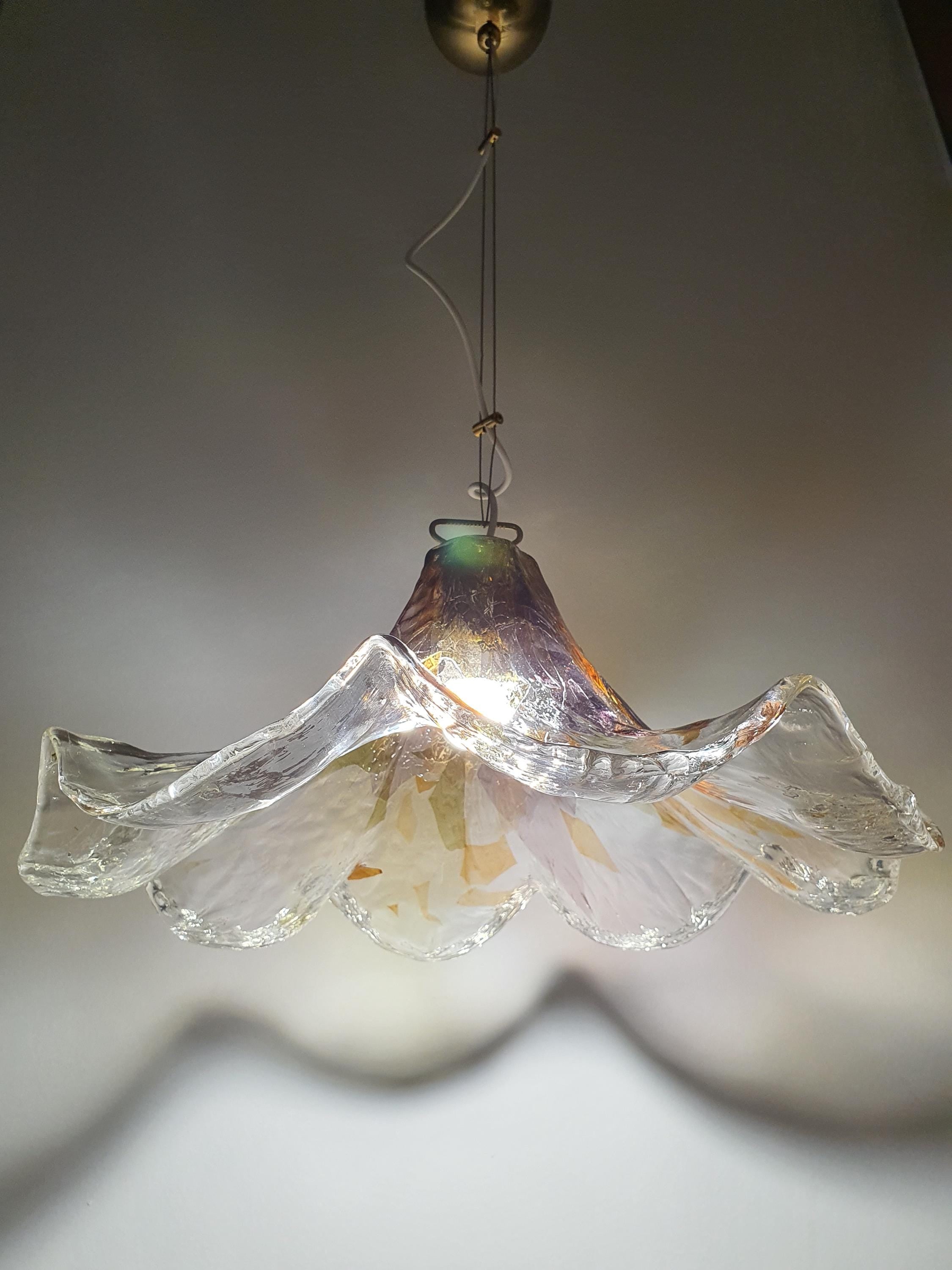 La Murrina Green & Purple Organic Pendant Light | Vintage Murano Glass Fazzoletto Lamp